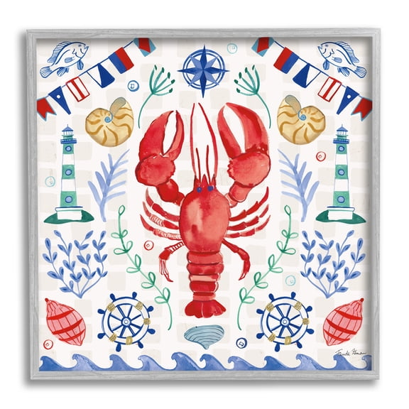 Stupell Industries Lobster on Nautical Pattern Animals & Insects Painting Gray Framed Art Print Wall Art, 12 x 12