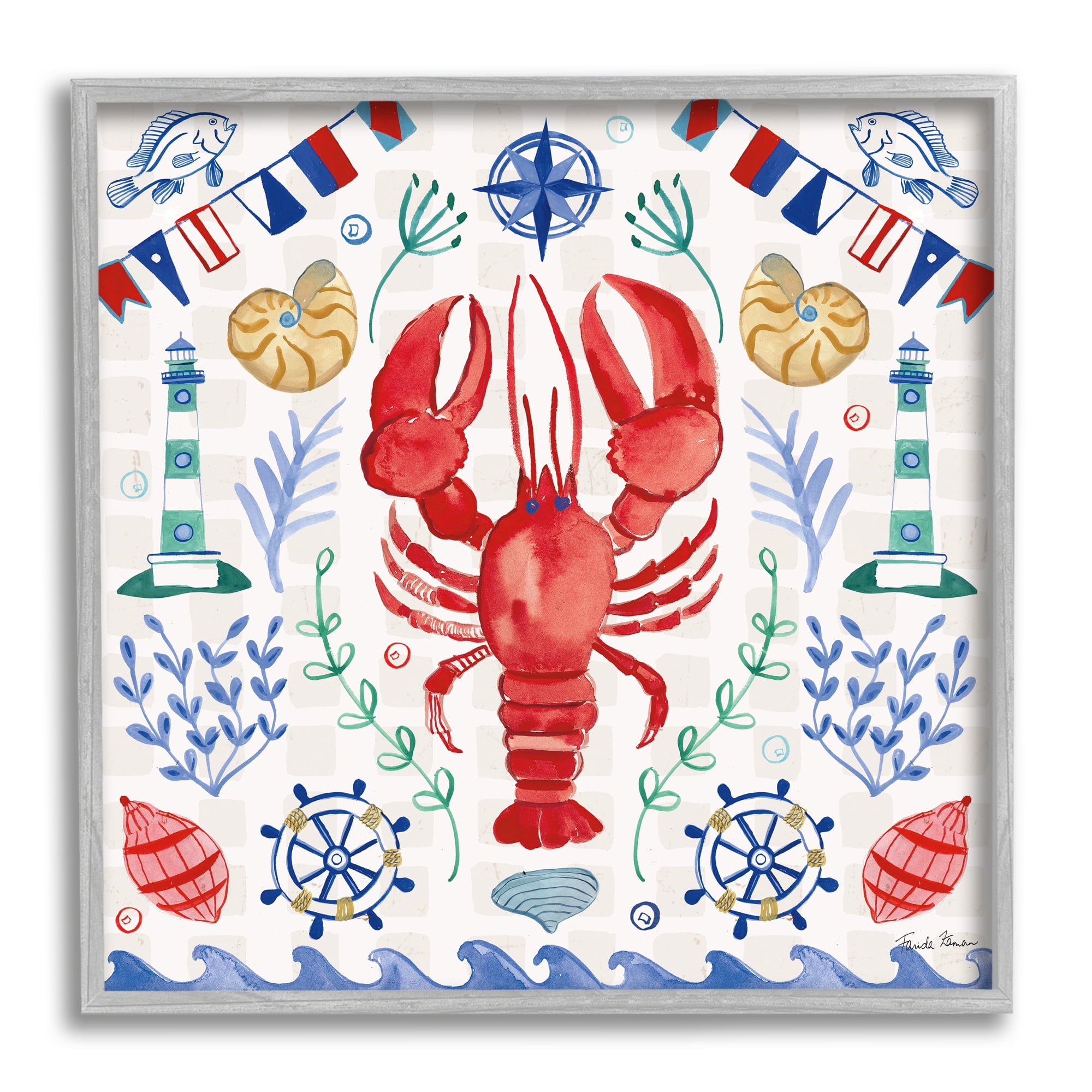Stupell Industries Lobster on Nautical Pattern Animals & Insects Painting Gray Framed Art Print Wall Art, 24 x 24