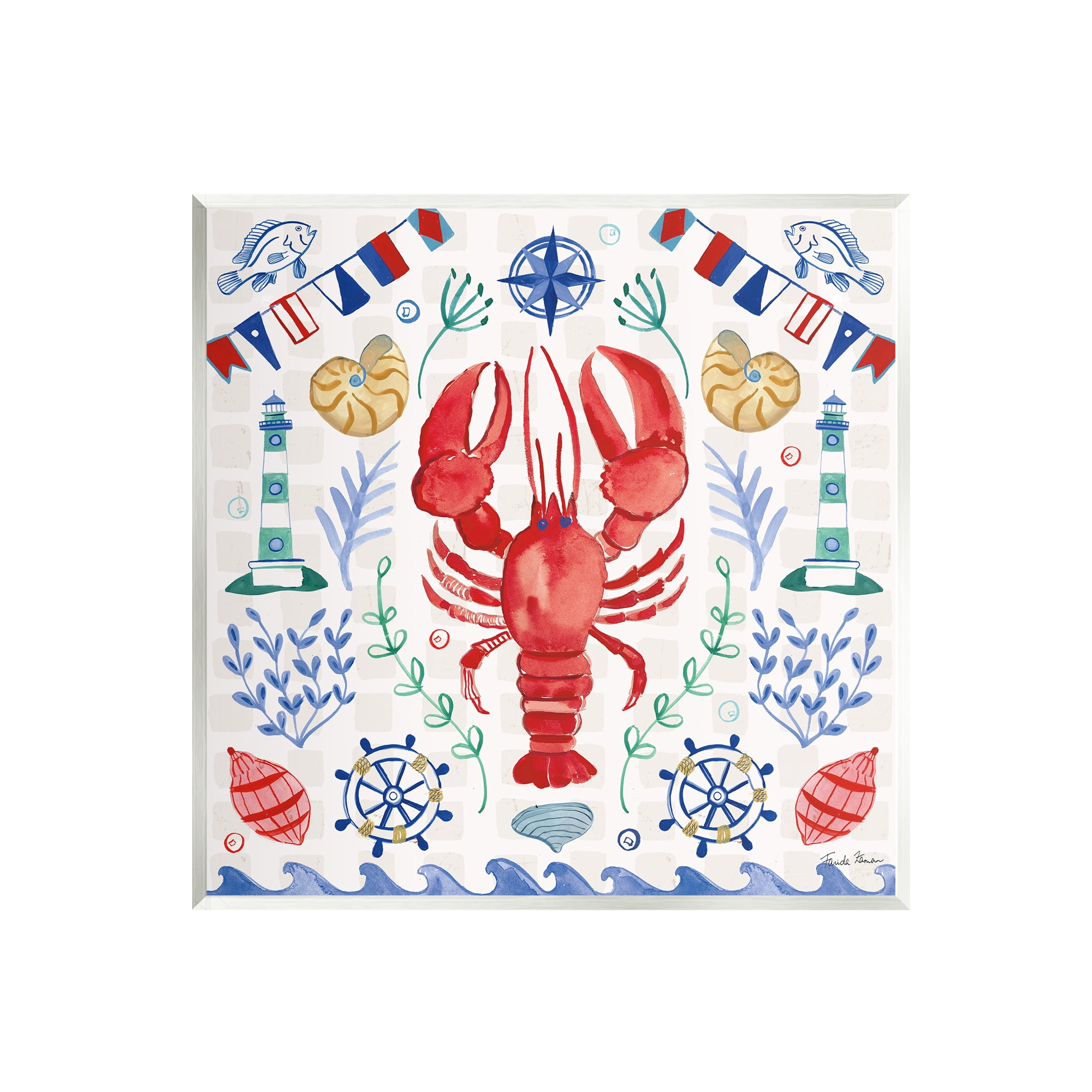 Stupell Industries Lobster on Nautical Pattern Animals & Insects Painting Unframed Art Print Wall Art, 12 x 12