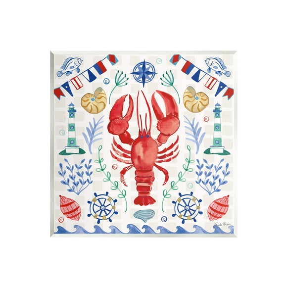 Stupell Industries Lobster on Nautical Pattern Animals & Insects Painting Unframed Art Print Wall Art, 12 x 12