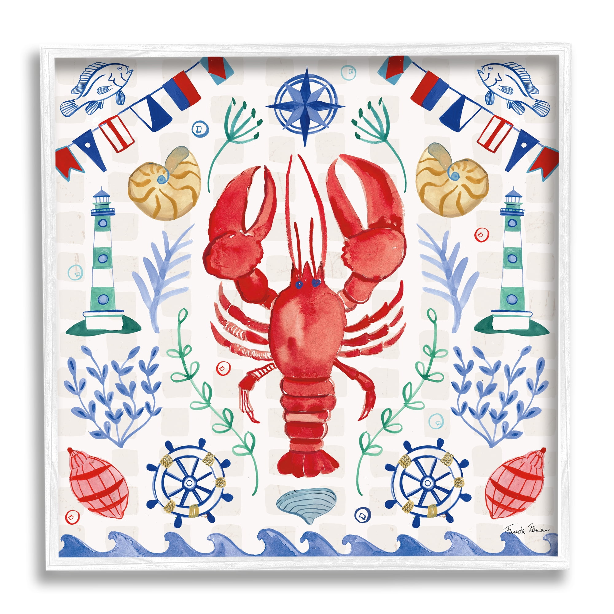 Stupell Industries Lobster on Nautical Pattern Animals & Insects Painting White Framed Art Print Wall Art, 12 x 12