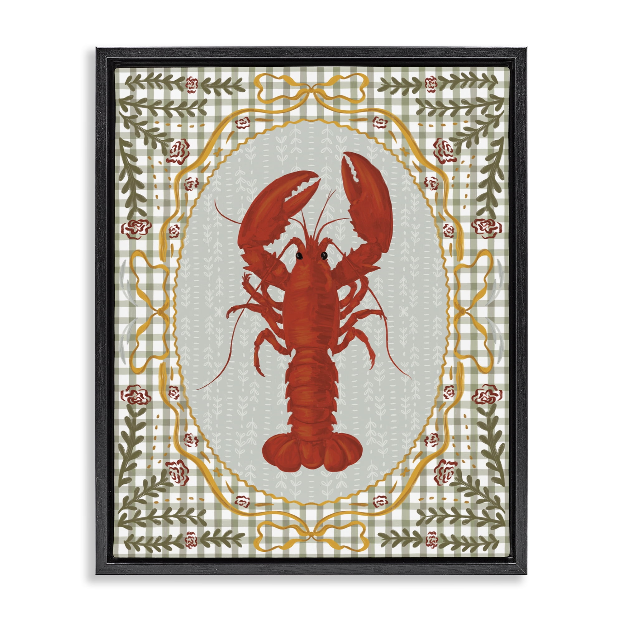 Stupell Industries Lobster with Gingham Kitchen Charm Black Framed Floater Canvas Wall Art, design by Vero Illustrates