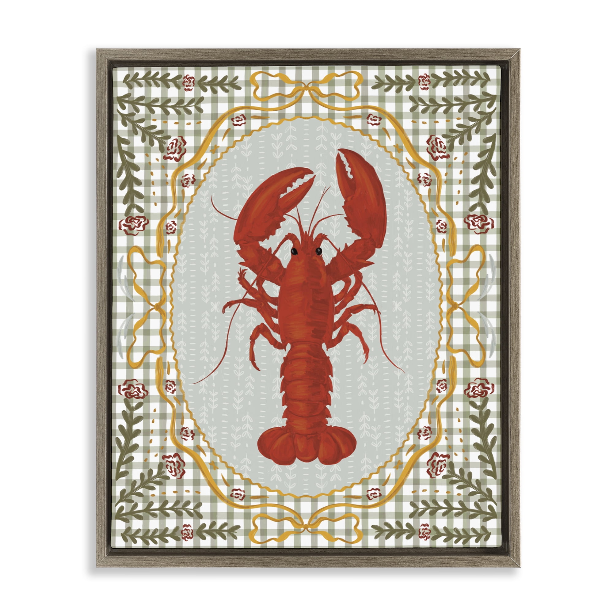 Stupell Industries Lobster with Gingham Kitchen Charm Brown Framed Floater Canvas Wall Art, design by Vero Illustrates