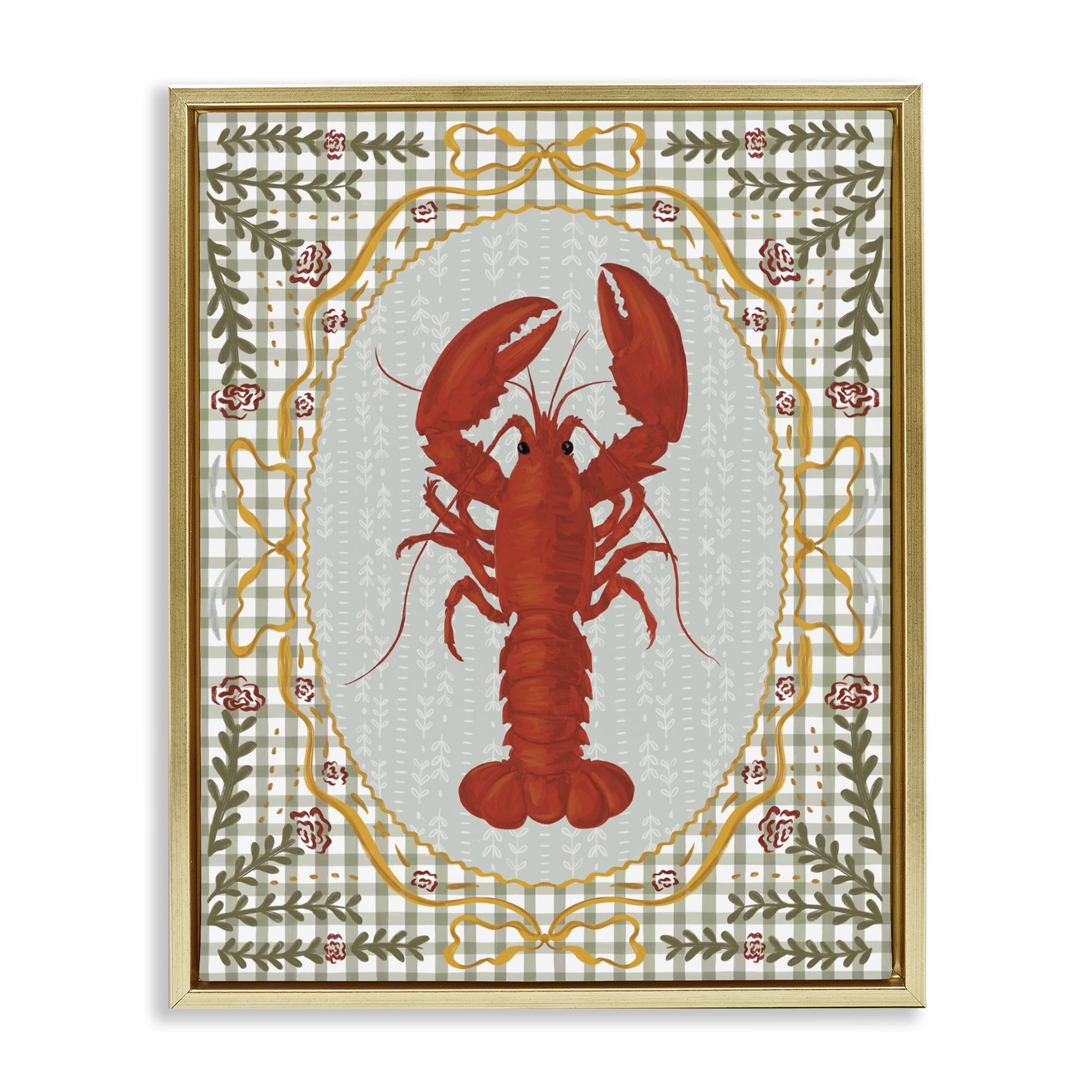 Stupell Industries Lobster with Gingham Kitchen Charm Gold Framed Floater Canvas Wall Art, design by Vero Illustrates