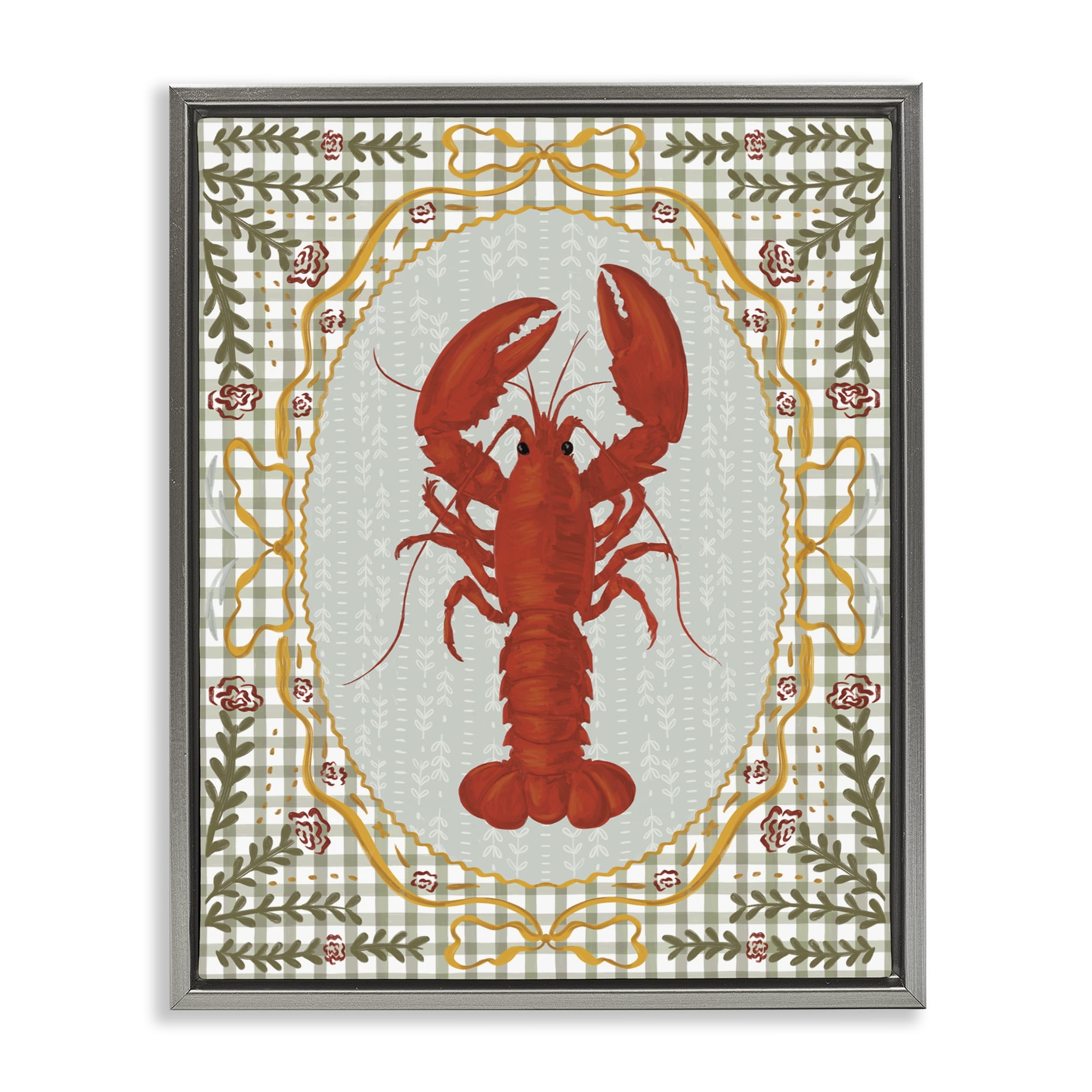 Stupell Industries Lobster with Gingham Kitchen Charm Gray Framed Floater Canvas Wall Art, design by Vero Illustrates