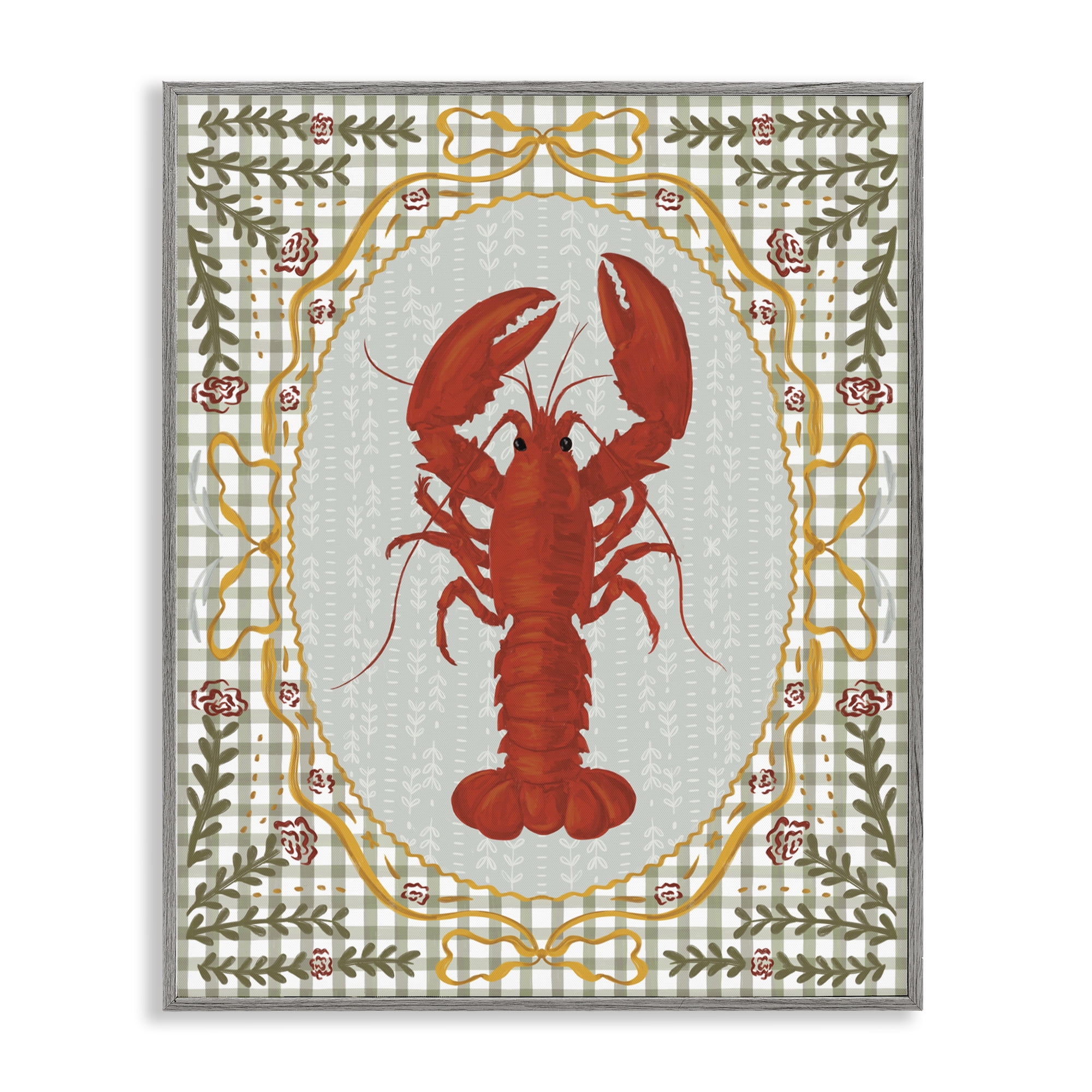 Stupell Industries Lobster with Gingham Kitchen Charm Gray Framed Giclee Art, design by Vero Illustrates