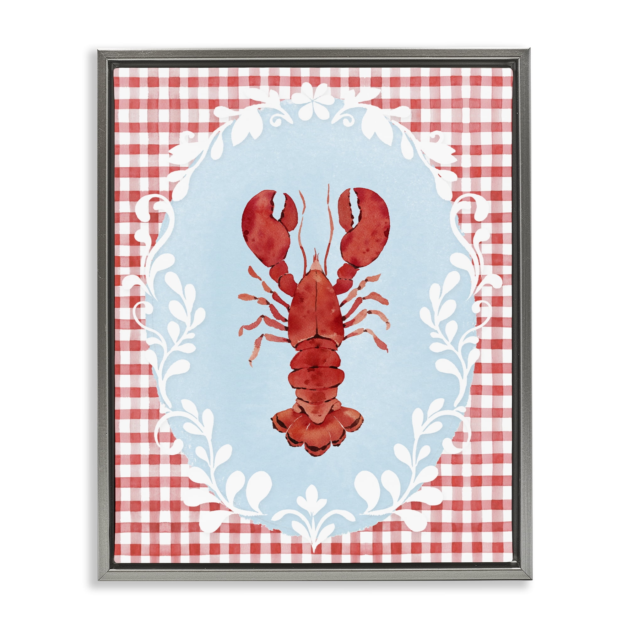 Stupell Industries Lobster with Red Plaid Gray Framed Floater Canvas Wall Art, design by Heather Lee Chan