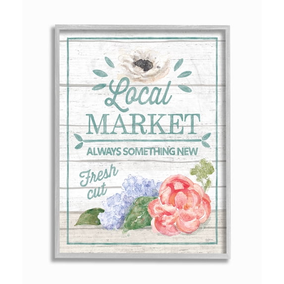 Stupell Industries Local Market Flowers Rustic Wood Textured Word Design Framed Wall Art by Mary Urban