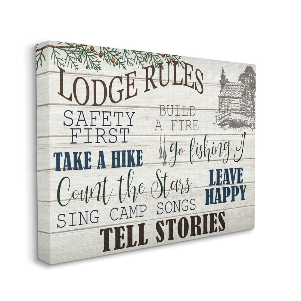 Stupell Industries Lodge Rules Text with Cabin Brown Blue Word Design Canvas Wall Art Design by Kim Allen, 24" x 30"