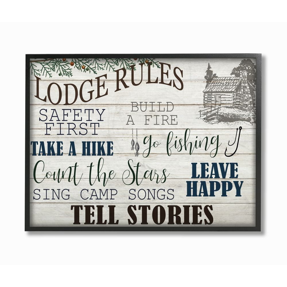 Stupell Industries Lodge Rules Text with Cabin Brown Blue Word Design Framed Wall Art Design by Kim Allen, 11" x 14", Black Framed