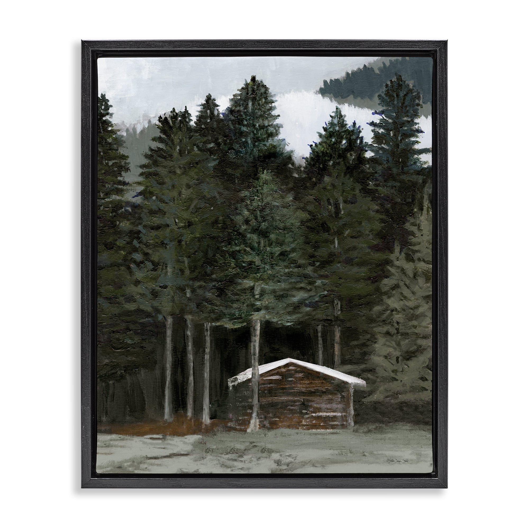 Stupell Industries Log Cabin Forest Thicket Landscape & Nature Painting Black Floater Framed Canvas Art Print Wall Art, 25 x 31