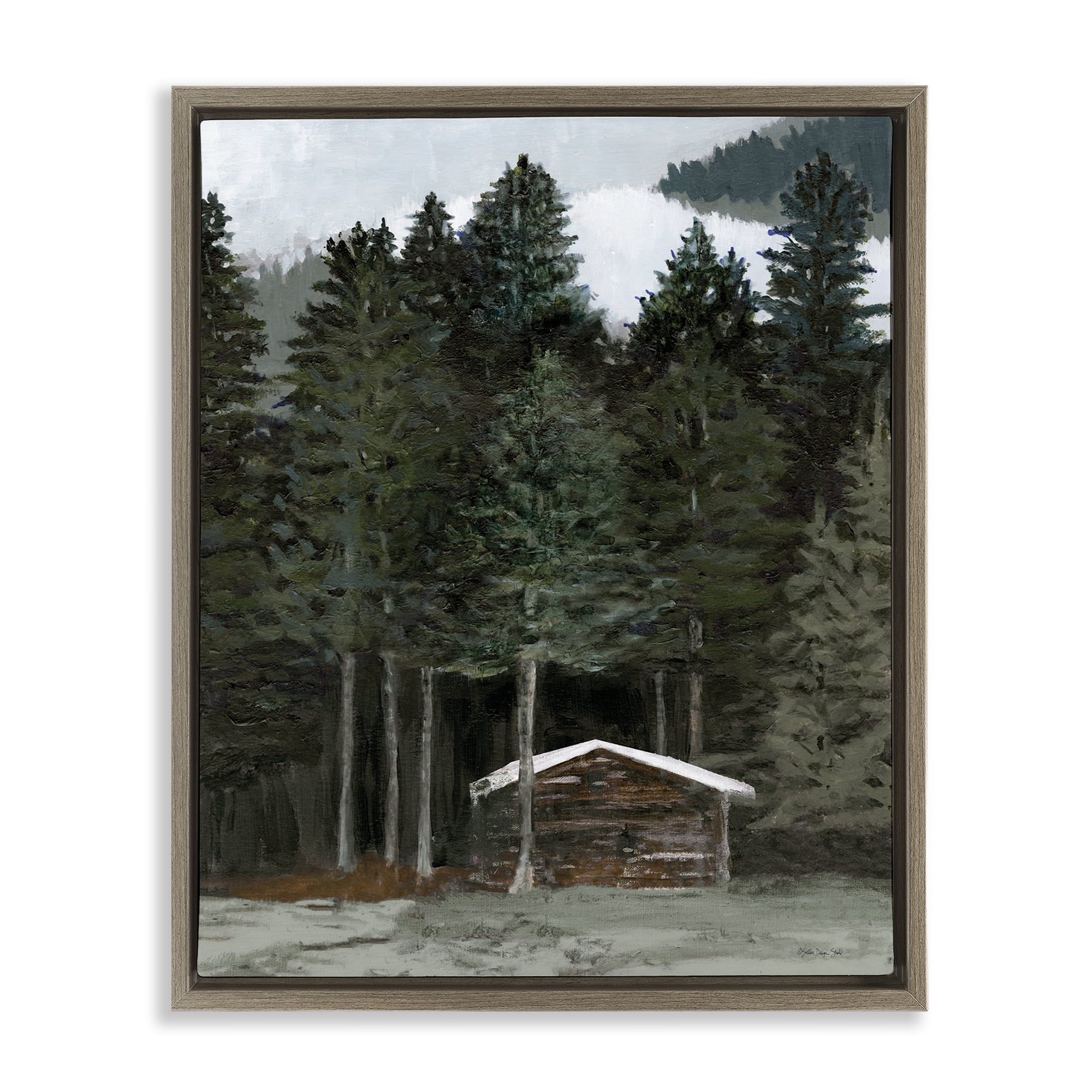 Stupell Industries Log Cabin Forest Thicket Landscape & Nature Painting Brown Floater Framed Canvas Art Print Wall Art, 17 x 21