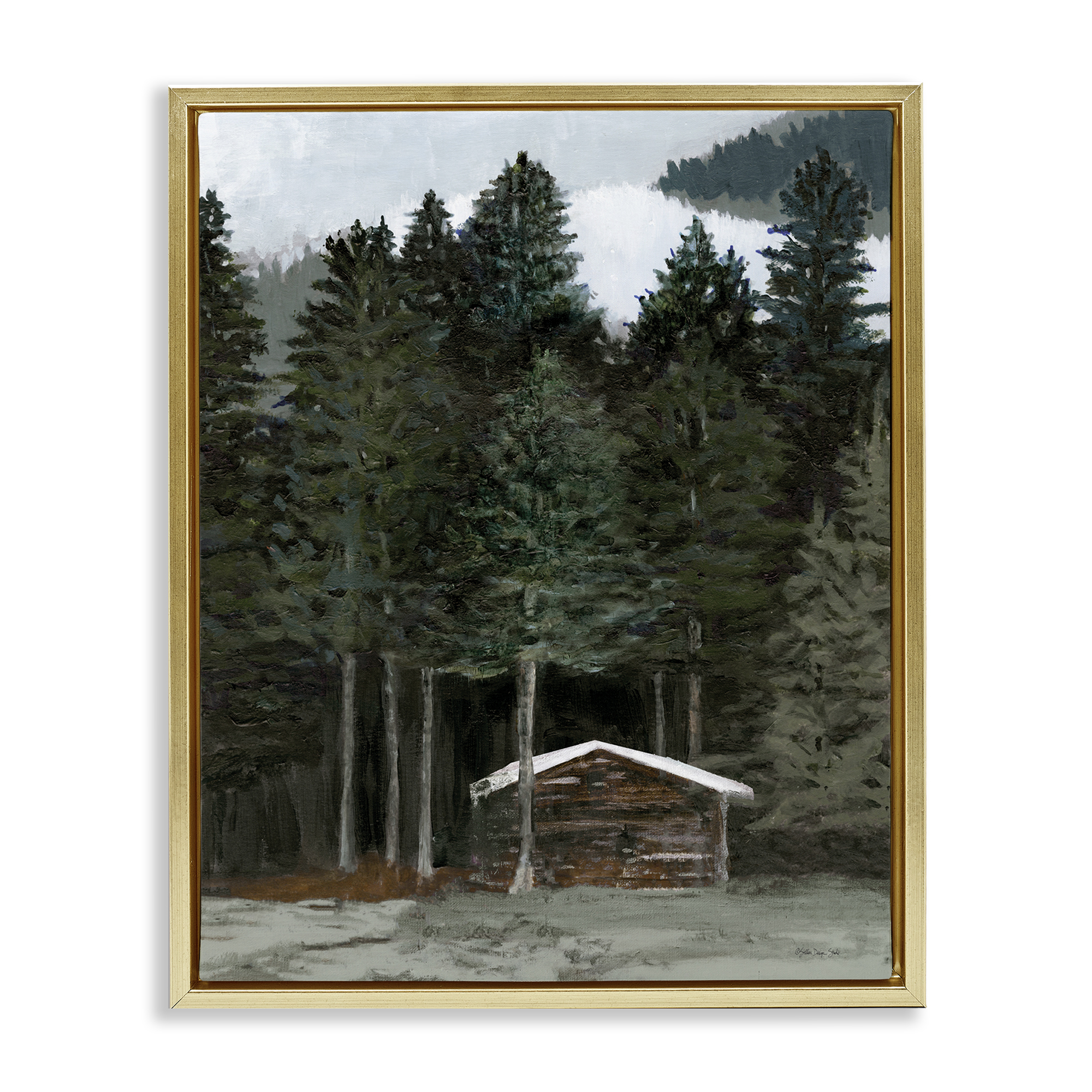 Stupell Industries Log Cabin Forest Thicket Landscape & Nature Painting Gold Floater Framed Canvas Art Print Wall Art, 25 x 31