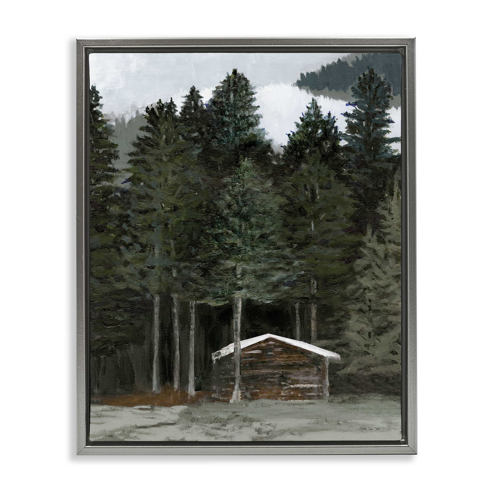 Stupell Industries Log Cabin Forest Thicket Landscape & Nature Painting Gray Floater Framed Canvas Art Print Wall Art, 25 x 31