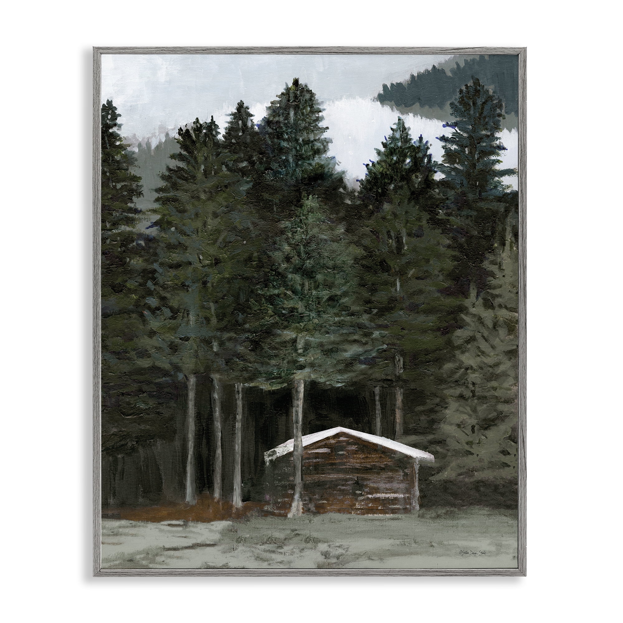 Stupell Industries Log Cabin Forest Thicket Landscape & Nature Painting Gray Framed Art Print Wall Art, 24 x 30