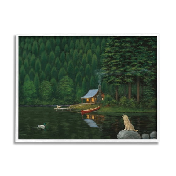 Stupell Industries Log Cabin Lakehouse Scene Pet Dogs Tree Forest, 14 x 11, Design by James Wiens