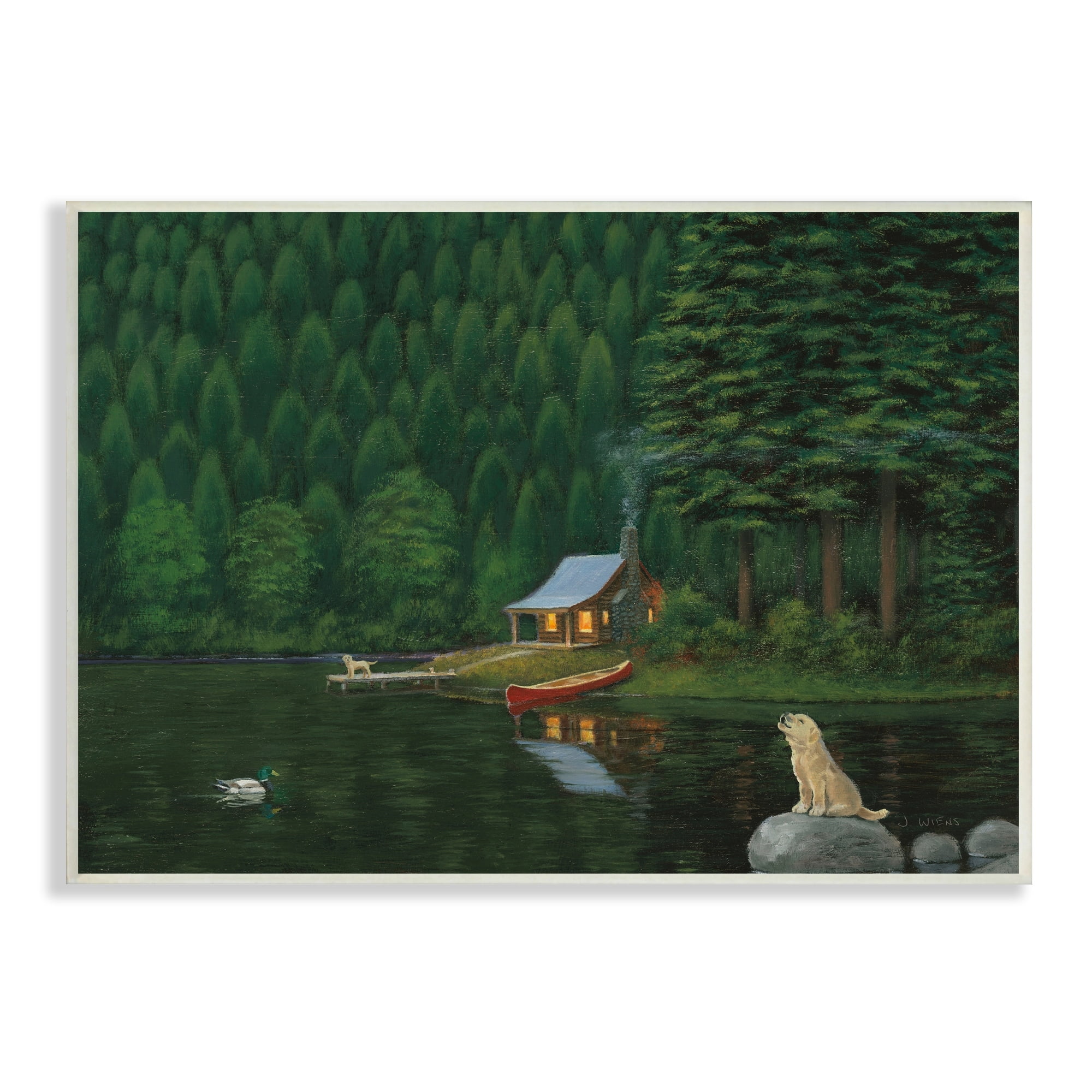 Stupell Industries Log Cabin Lakehouse Scene Pet Dogs Tree Forest, 15 x 10, Design by James Wiens