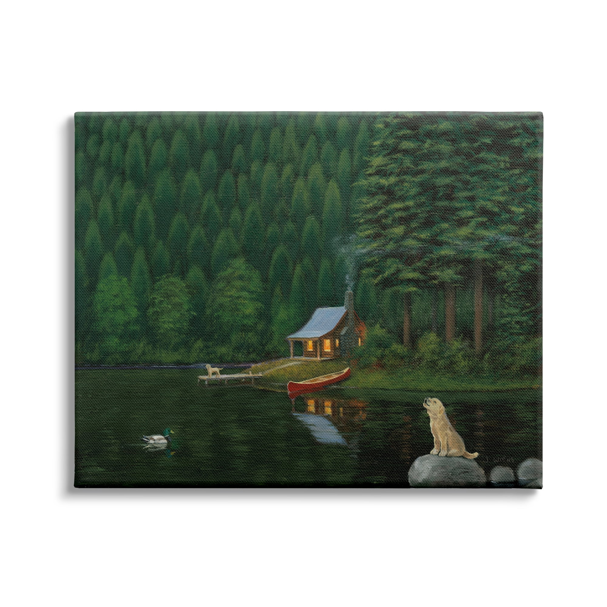 Stupell Industries Log Cabin Lakehouse Scene Pet Dogs Tree Forest, 48 x 36, Design by James Wiens