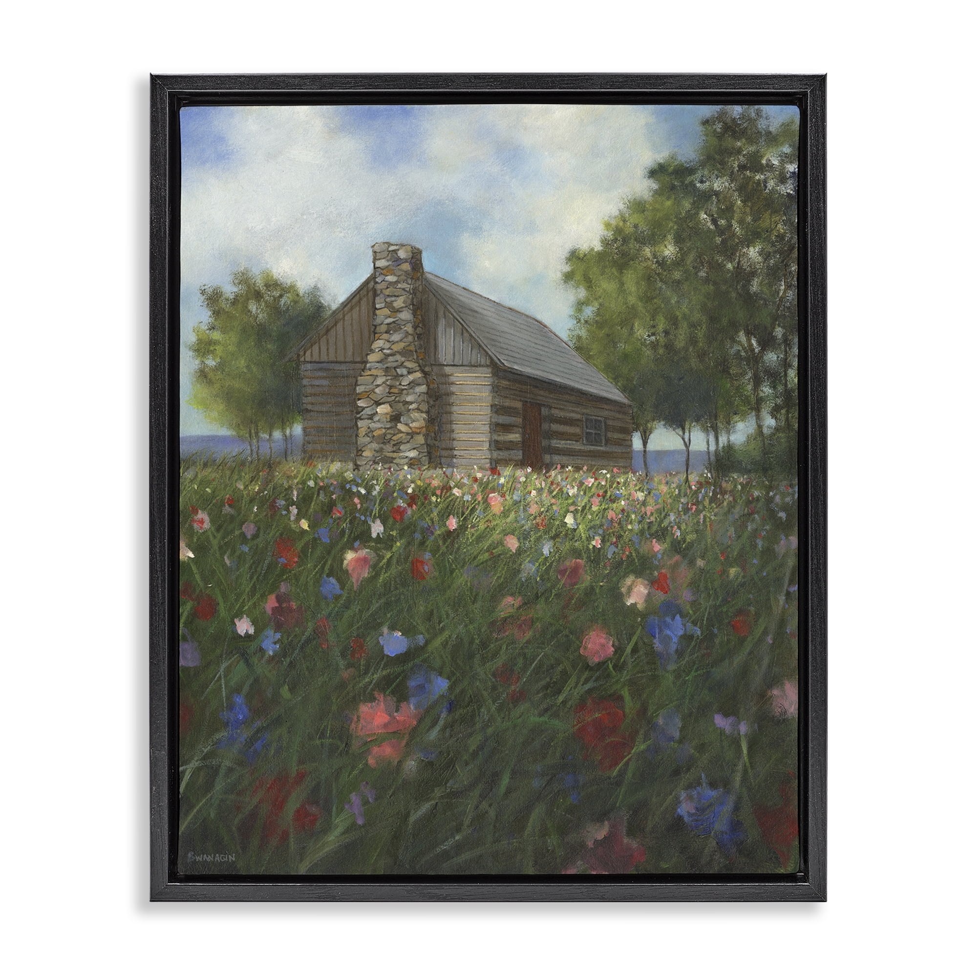 Stupell Industries Log Cabin Meadow Landscape Painting Black Floater Framed Art Print Wall Art, 25 x 31