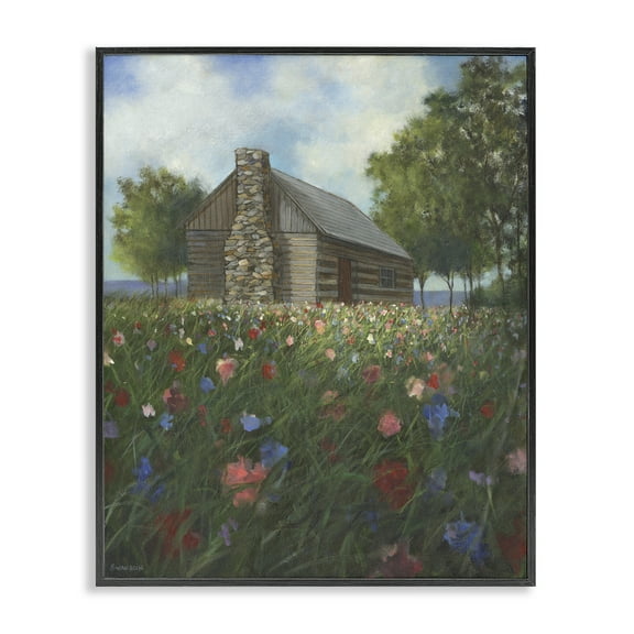 Stupell Industries Log Cabin Meadow Landscape Painting Black Framed Art Print Wall Art, 11 x 14