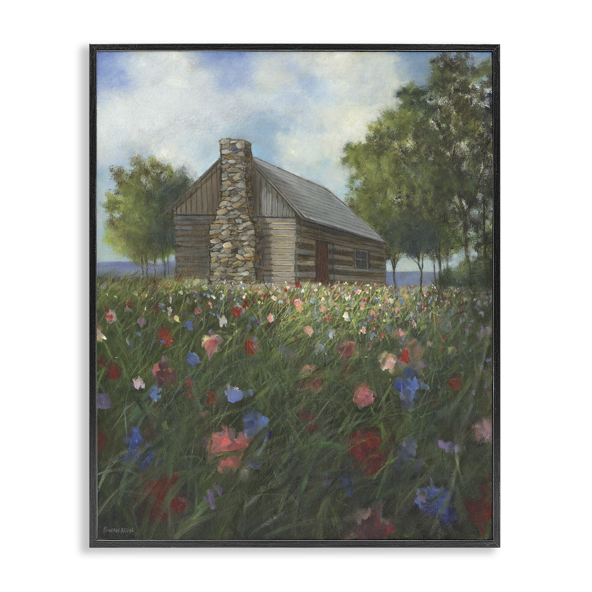 Stupell Industries Log Cabin Meadow Landscape Painting Black Framed Art Print Wall Art, 16 x 20