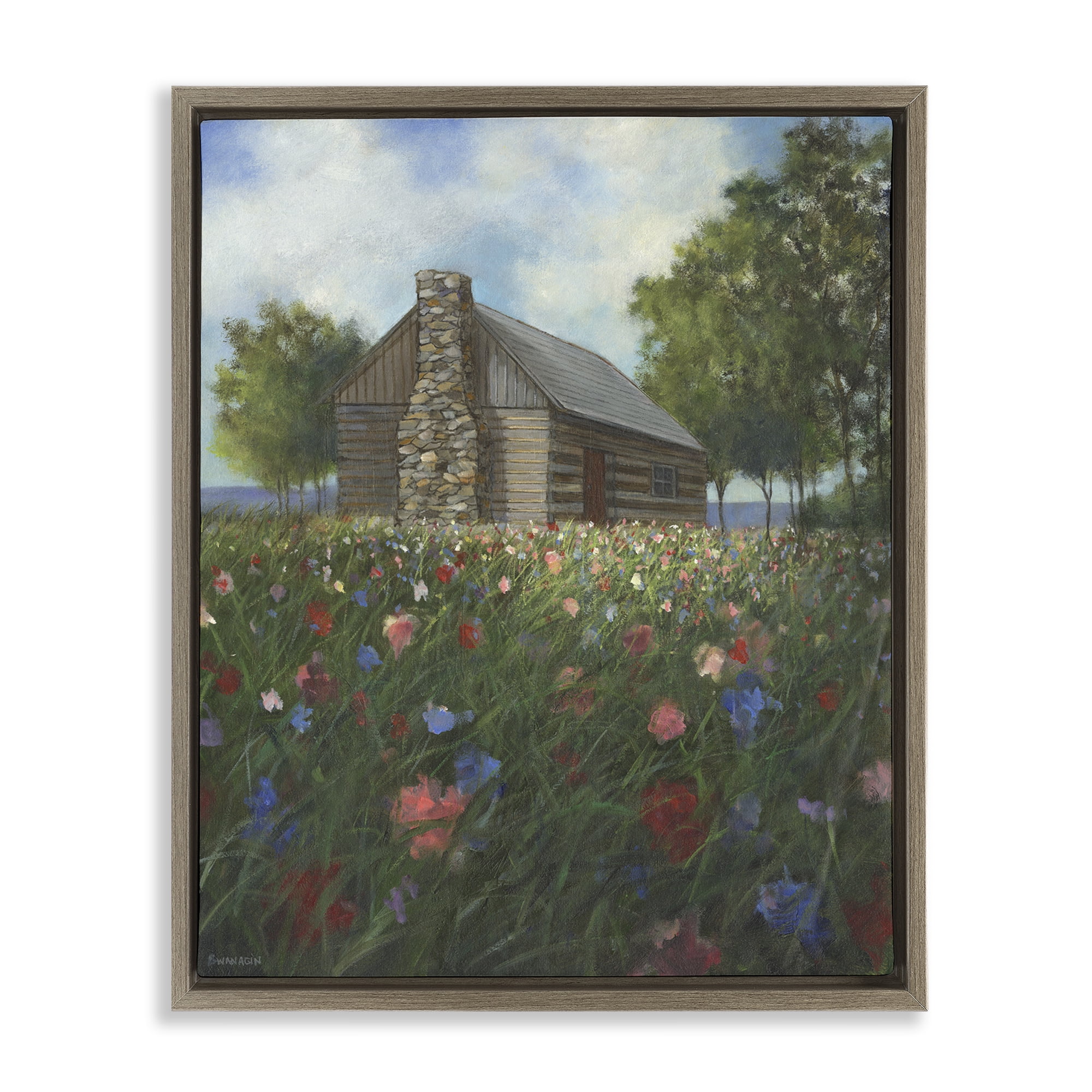 Stupell Industries Log Cabin Meadow Landscape Painting Brown Floater Framed Art Print Wall Art, 17 x 21