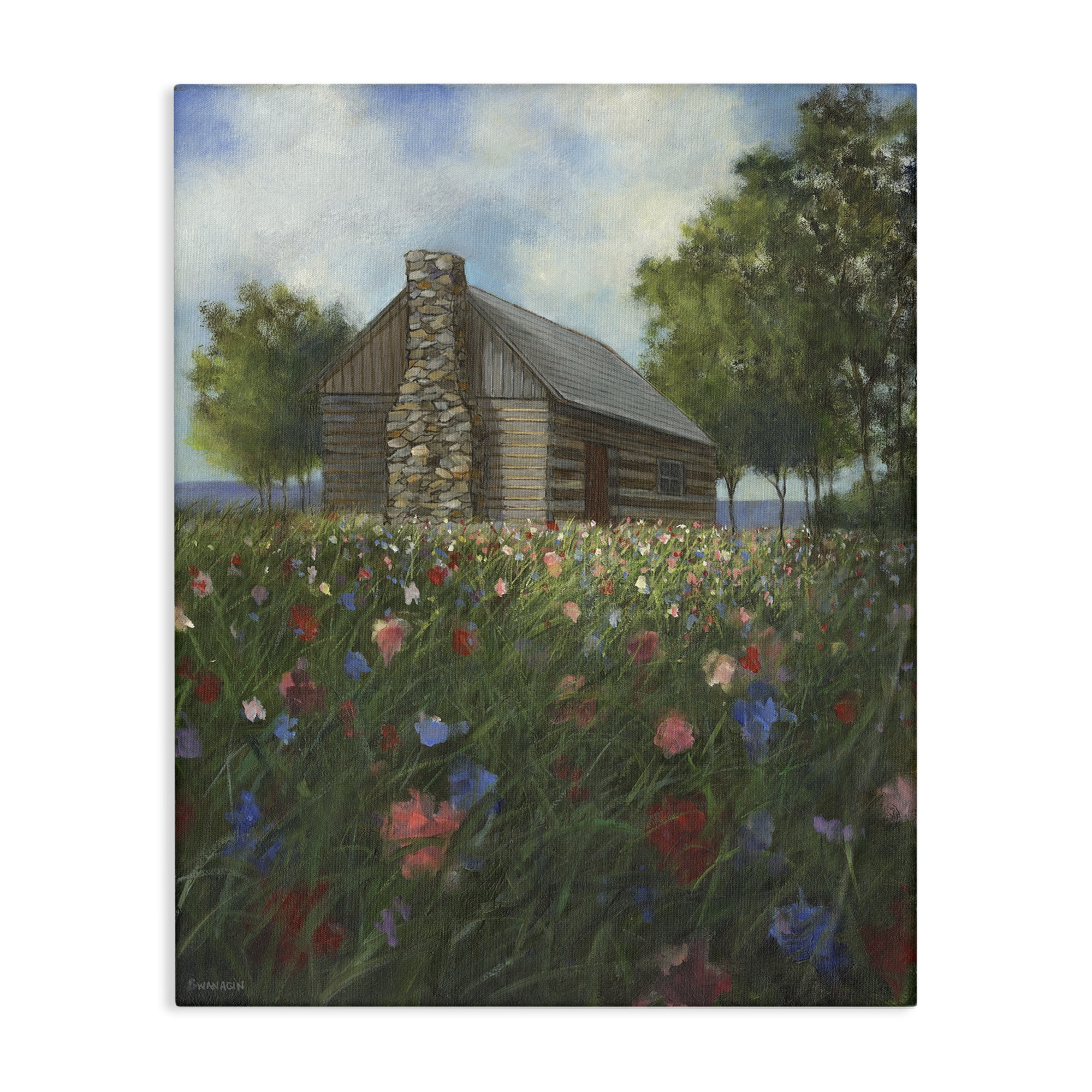 Stupell Industries Log Cabin Meadow Landscape Painting Gallery Wrapped Canvas Art Print Wall Art, 36 x 48