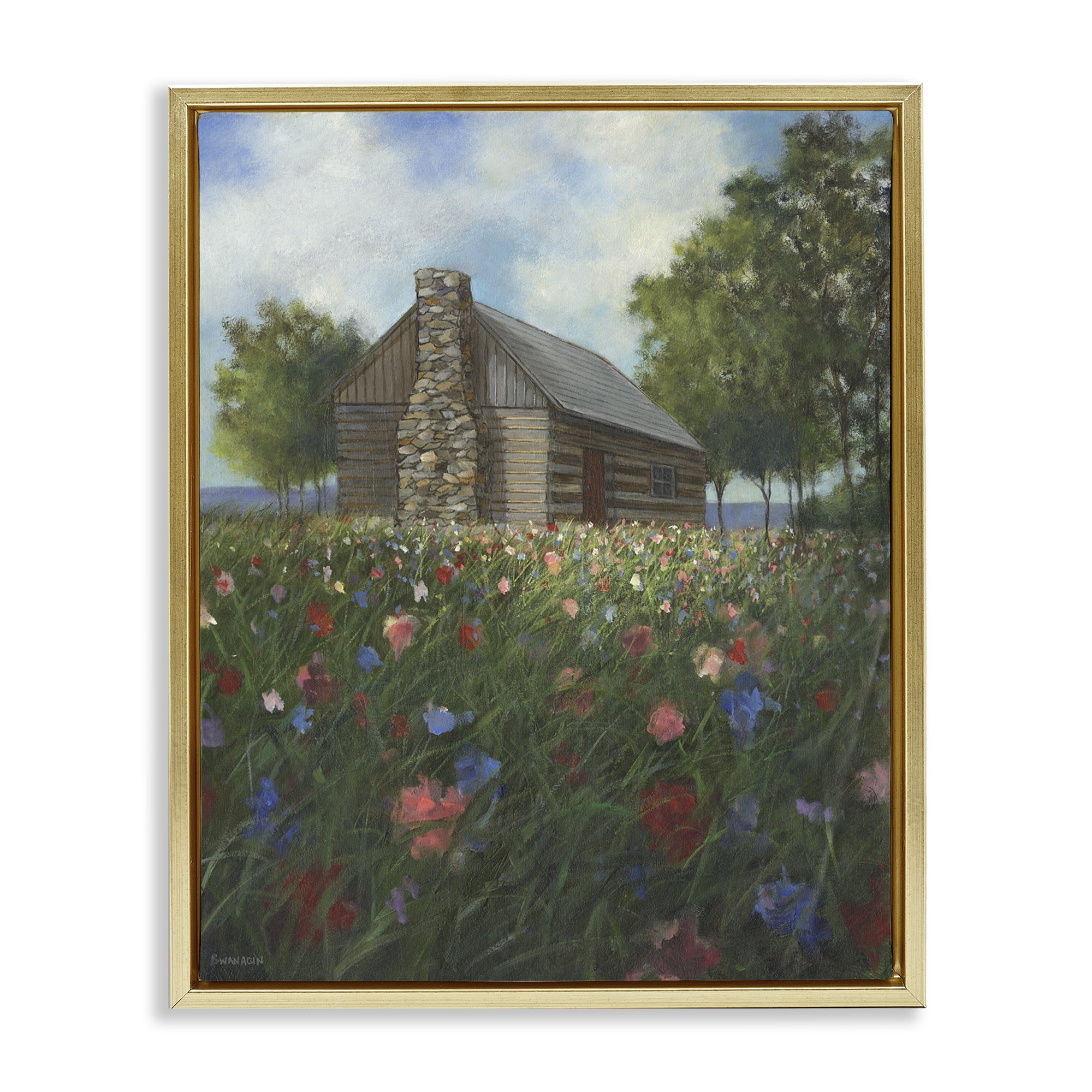 Stupell Industries Log Cabin Meadow Landscape Painting Gold Floater Framed Art Print Wall Art, 17 x 21