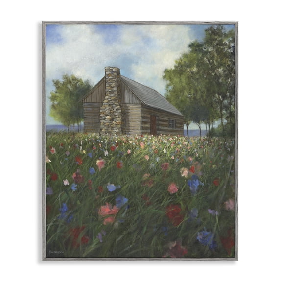 Stupell Industries Log Cabin Meadow Landscape Painting Gray Framed Art Print Wall Art, 11 x 14