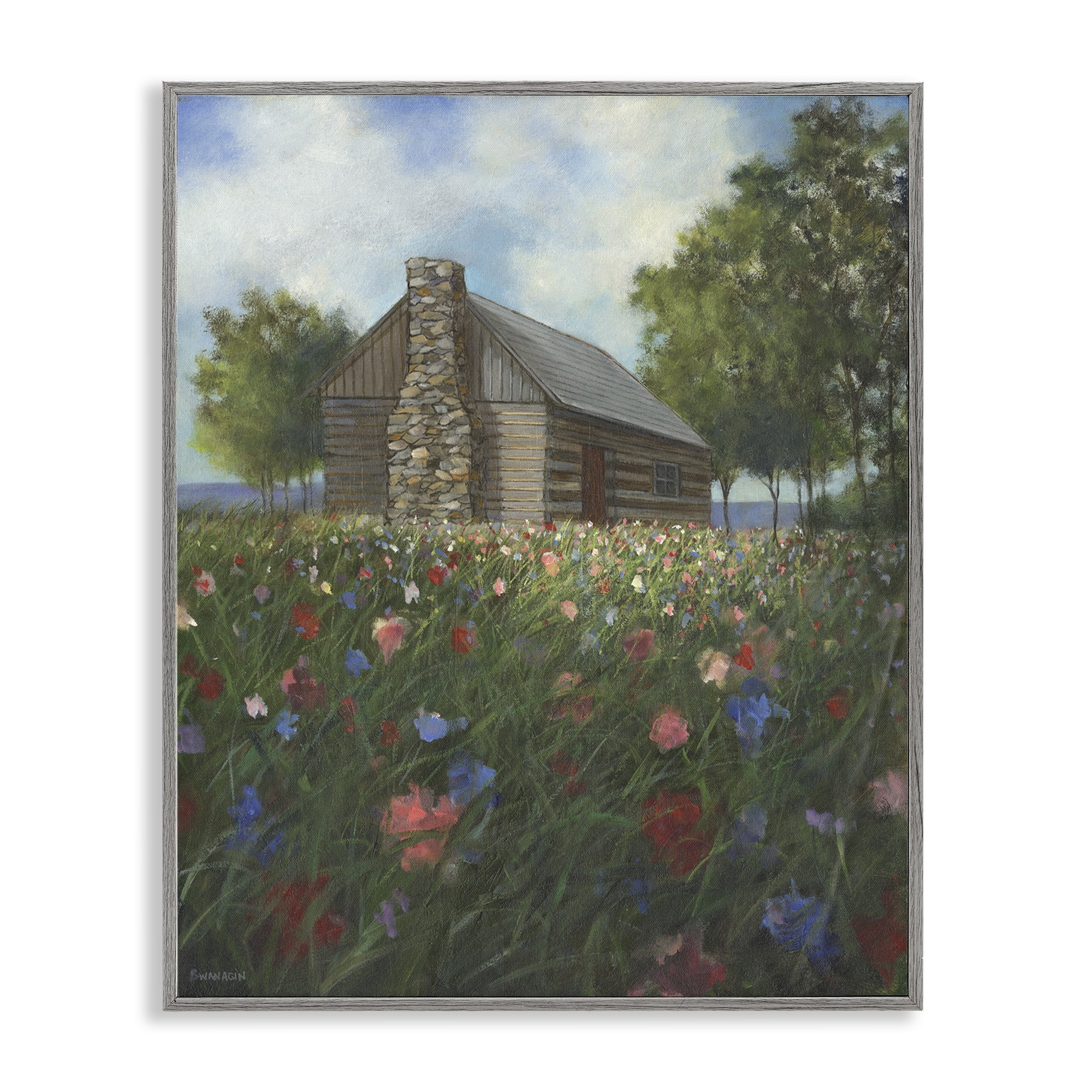 Stupell Industries Log Cabin Meadow Landscape Painting Gray Framed Art Print Wall Art, 24 x 30