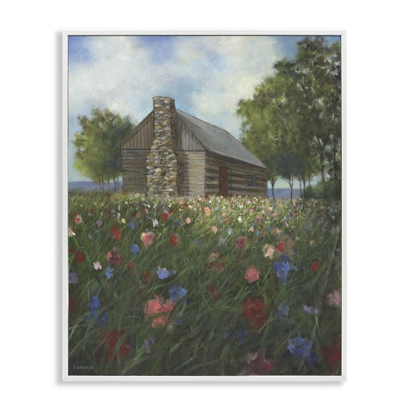 Stupell Industries Log Cabin Meadow Landscape Painting White Framed Art Print Wall Art, 11 x 14