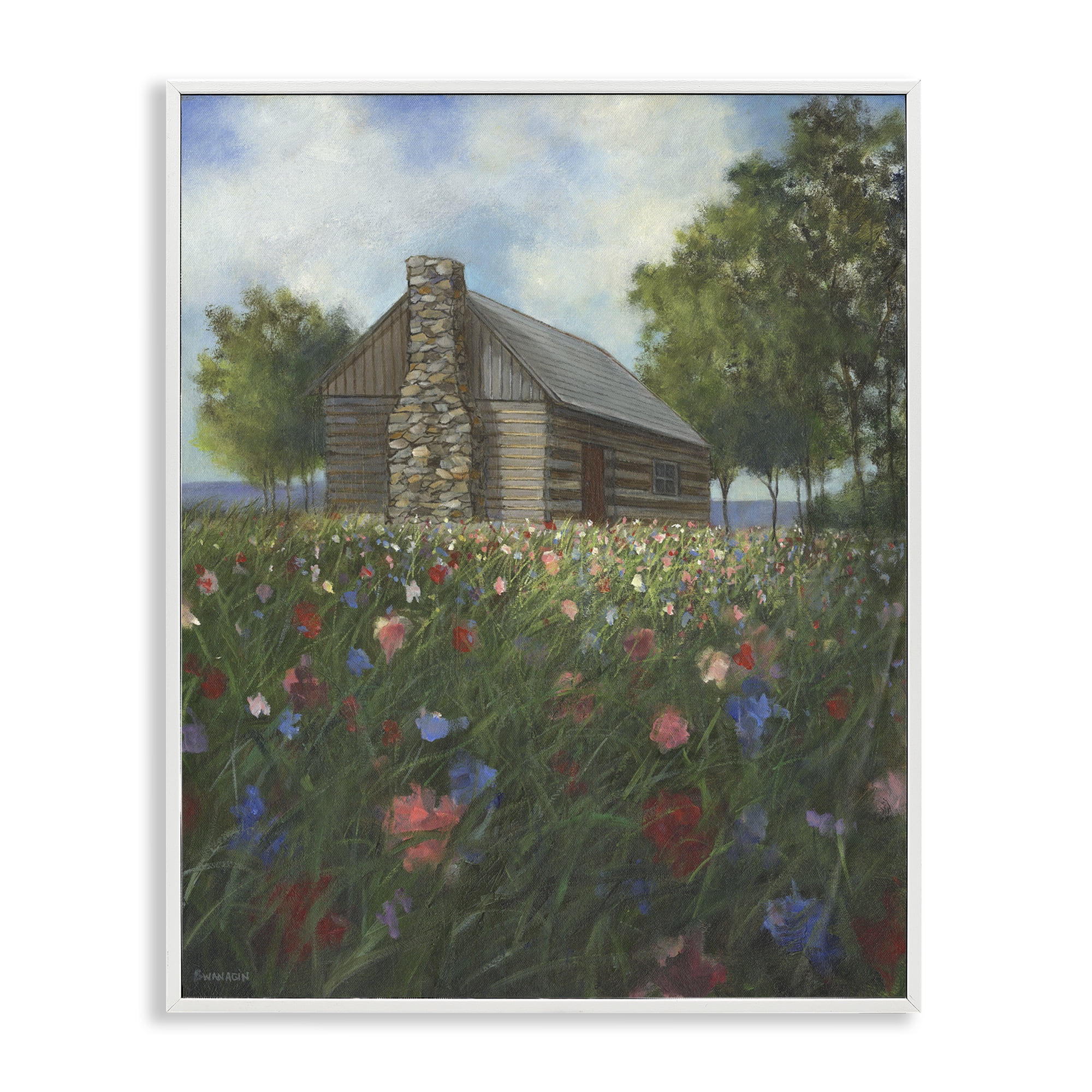 Stupell Industries Log Cabin Meadow Landscape Painting White Framed Art Print Wall Art, 24 x 30