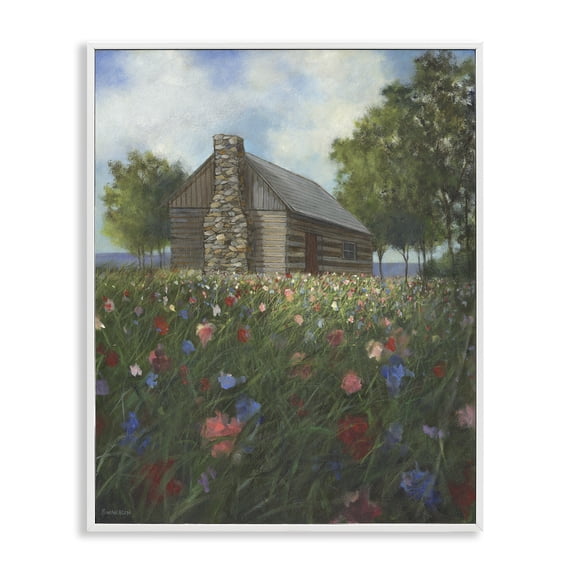 Stupell Industries Log Cabin Meadow Landscape Painting White Framed Art Print Wall Art, 24 x 30