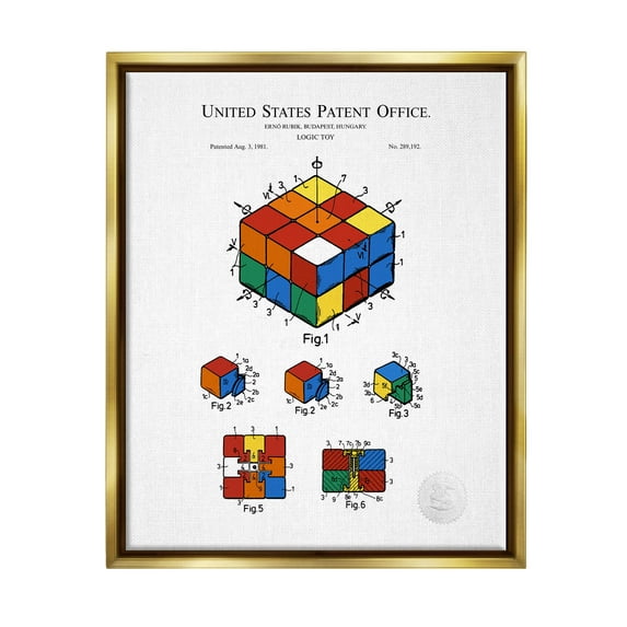 Stupell Industries Logic Toy Patent Diagram Graphic Art Metallic Gold Floating Framed Canvas Print Wall Art, Design by Karl Hronek