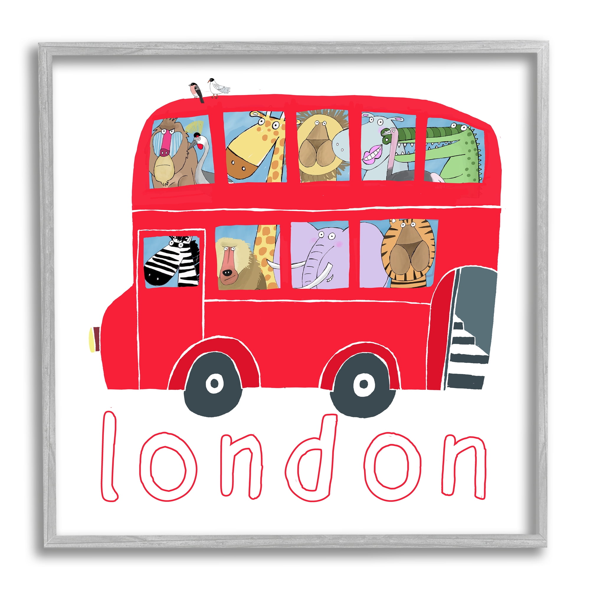 Stupell Industries London Bus of Animals Animals & Insects Painting Gray Framed Art Print Wall Art, 17 x 17