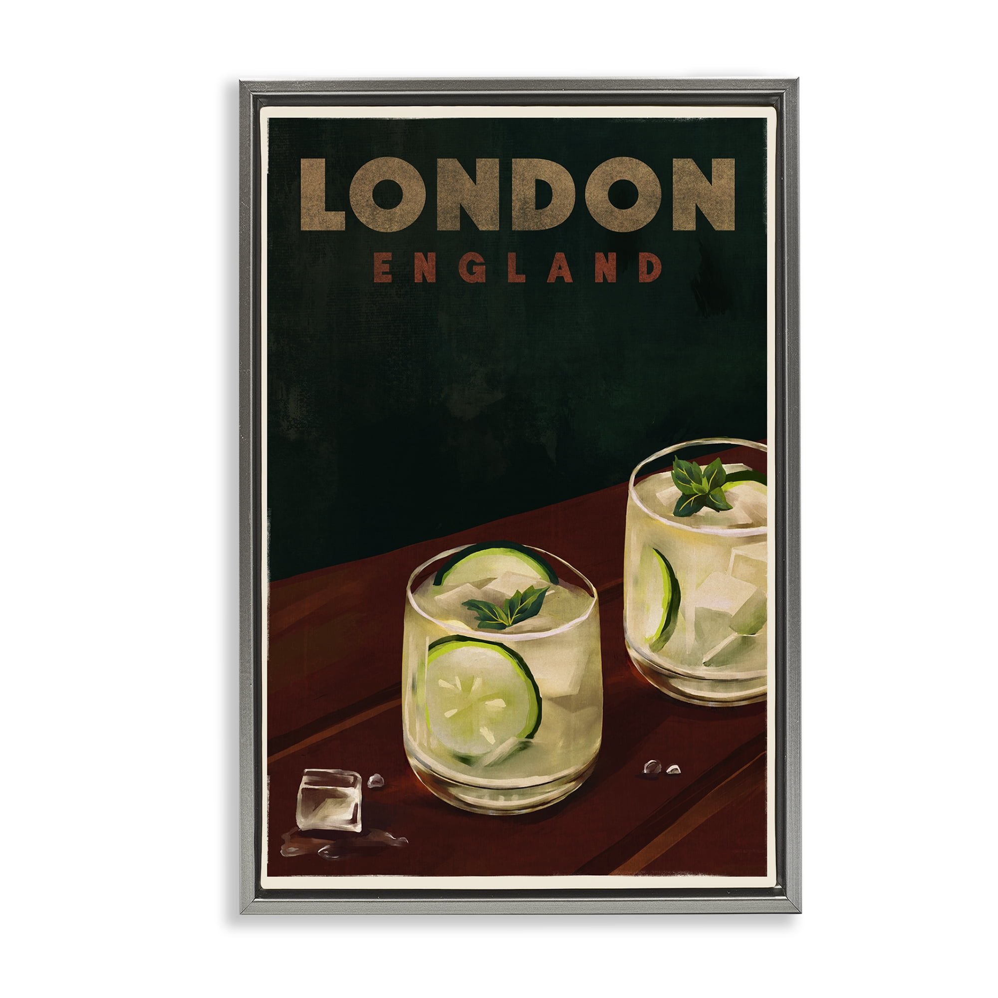 Stupell Industries London England Cocktail Food & Beverage Painting Gray Floater Framed Canvas Art Print Wall Art, 21 x 31