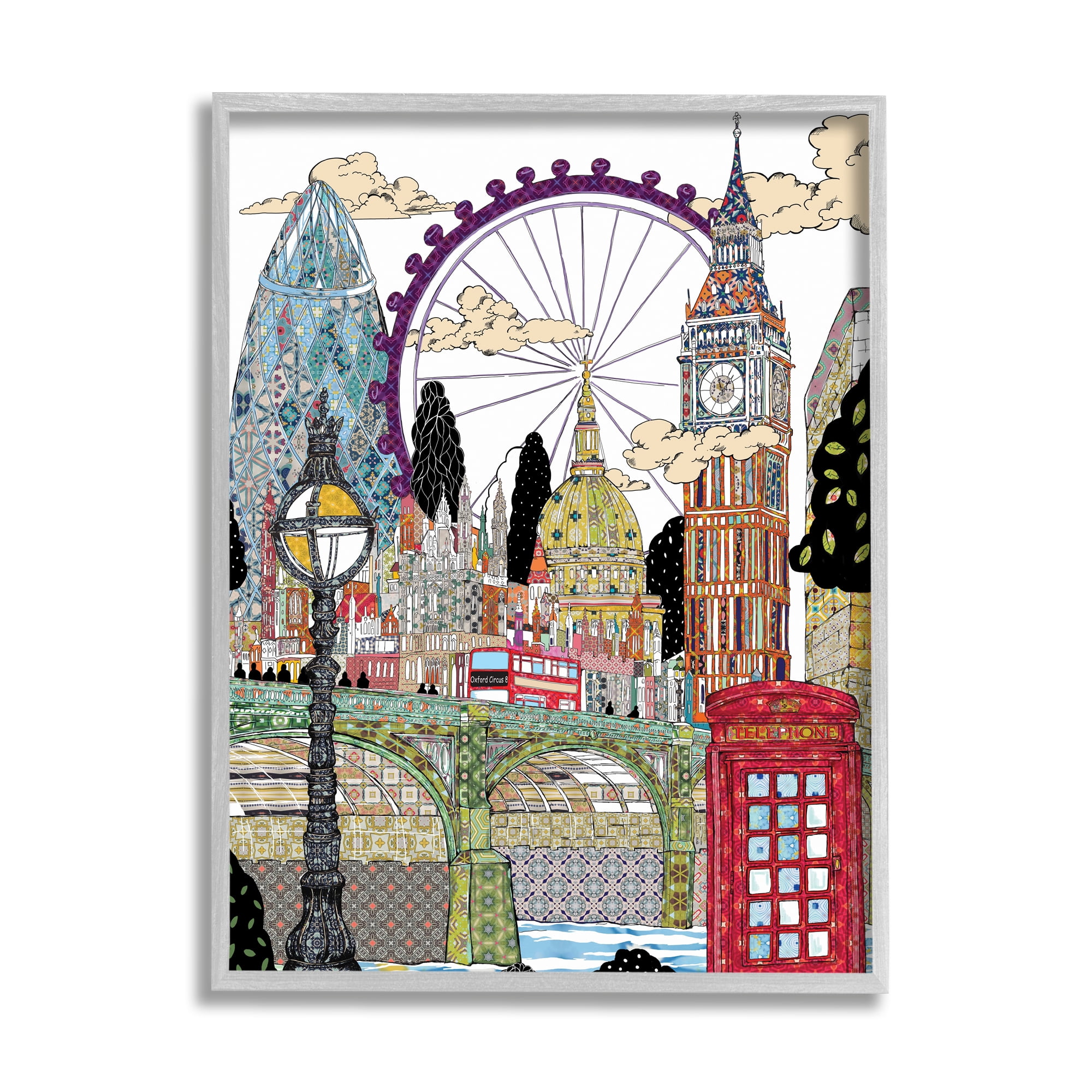 Stupell Industries London England Landmarks Intricate Arabesque Patterns Abstract Painting Gray Framed Art Print Wall Art, 11 x 14
