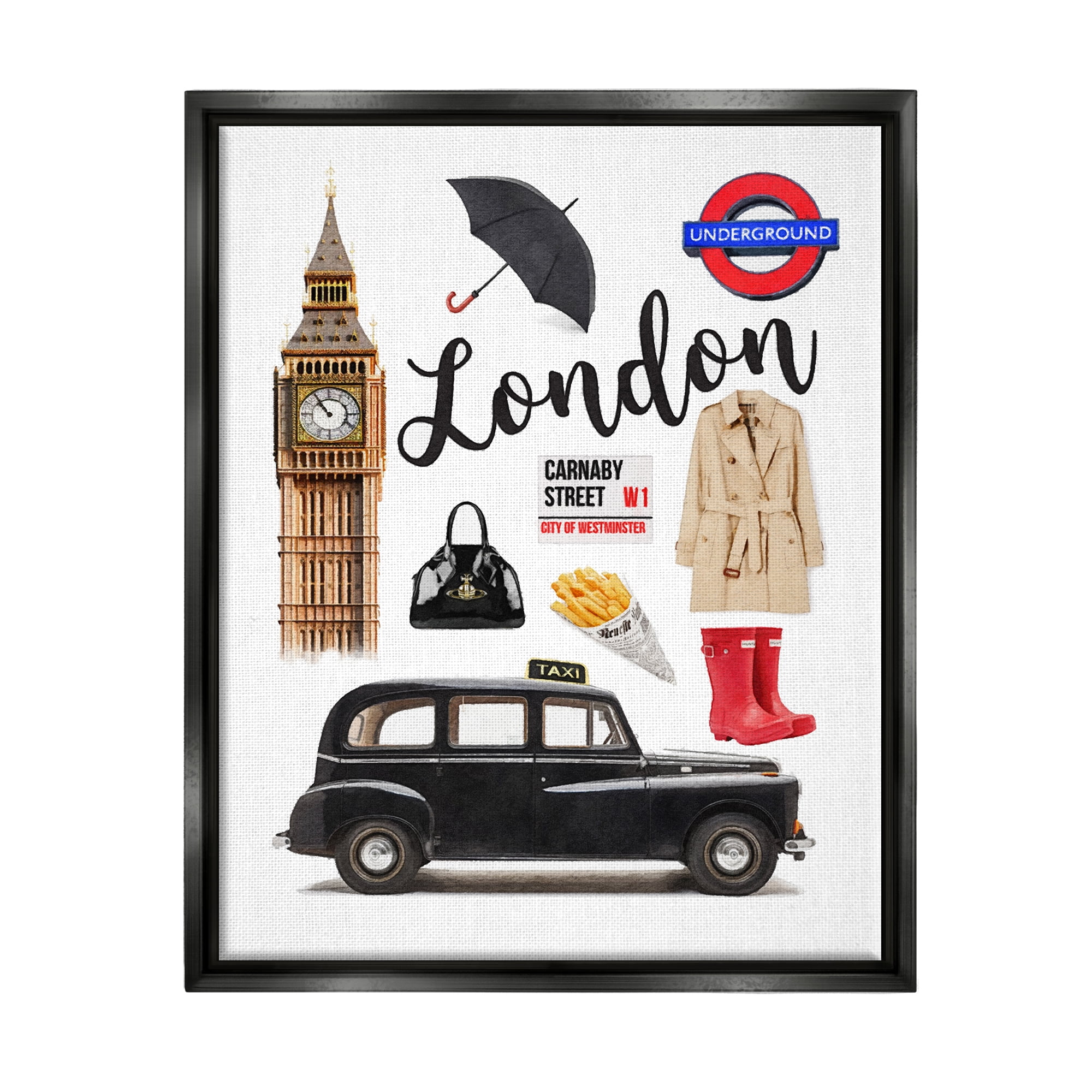 Stupell Industries London Glam Travel Town & City Painting Black Floater Framed Canvas Art Print Wall Art, 17 x 21