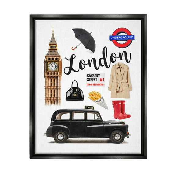 Stupell Industries London Glam Travel Town & City Painting Black Floater Framed Canvas Art Print Wall Art, 17 x 21
