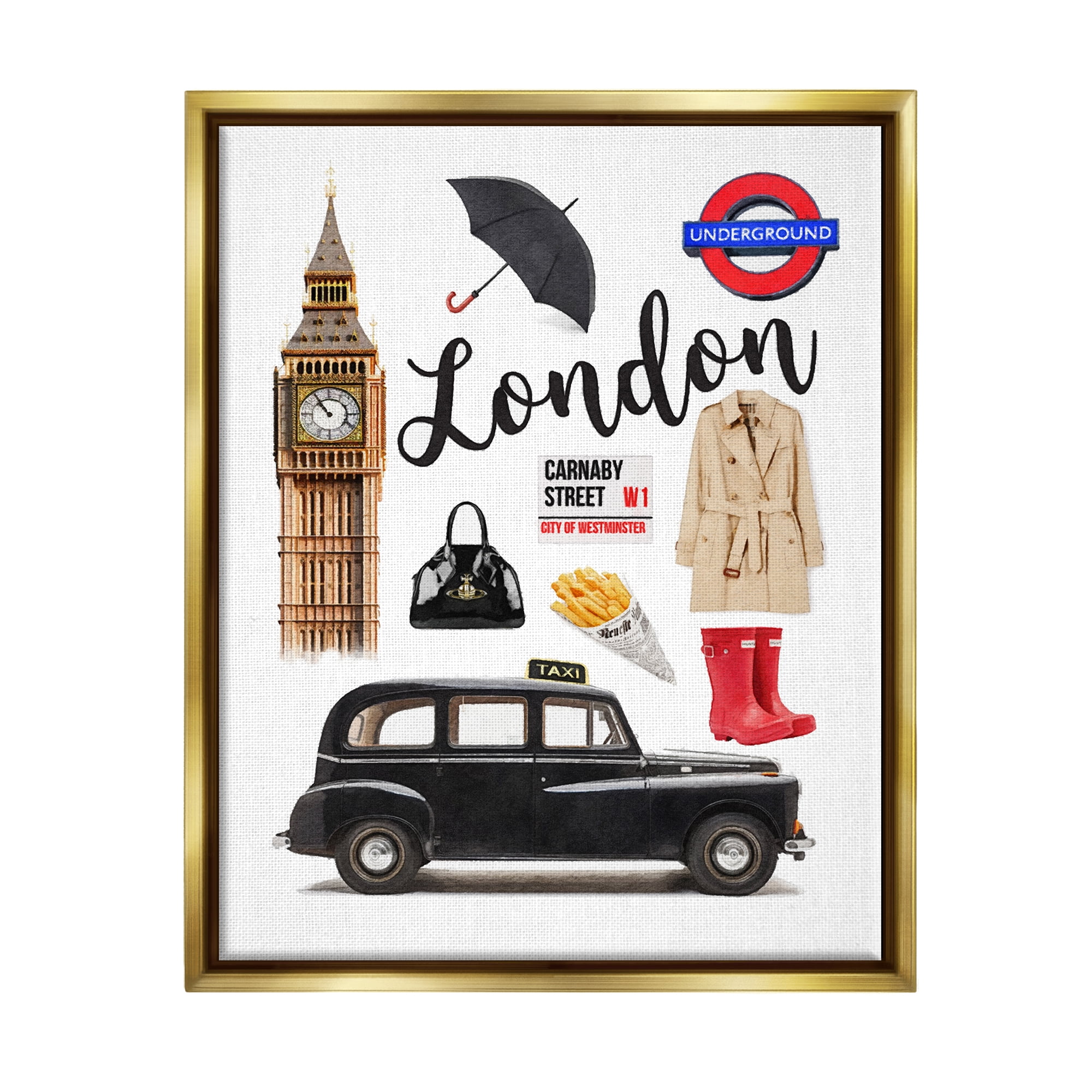 Stupell Industries London Glam Travel Town & City Painting Gold Floater Framed Canvas Art Print Wall Art, 17 x 21