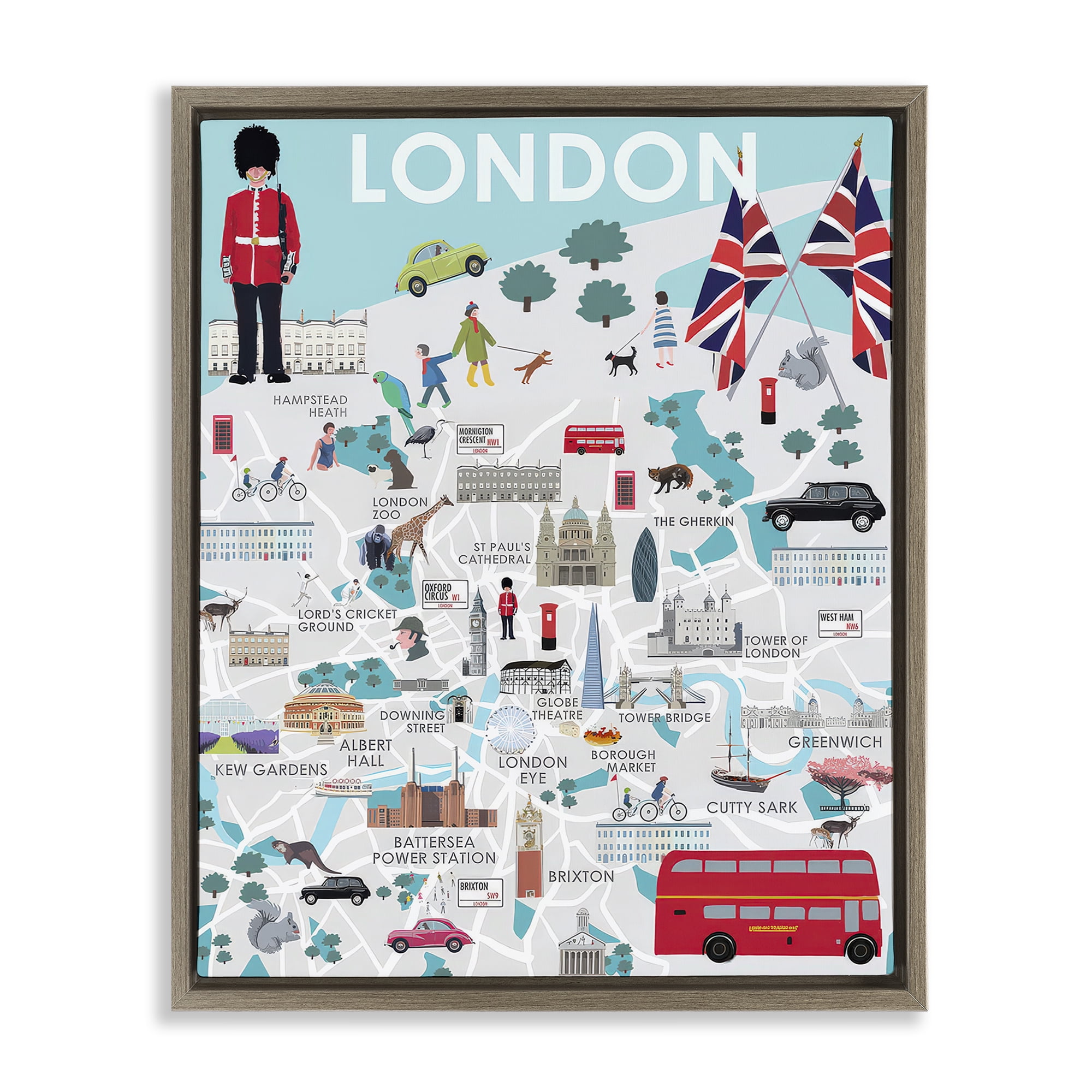 Stupell Industries London Landmark Map Cities & Countries Painting Brown Floater Framed Canvas Art Print Wall Art, 17 x 21
