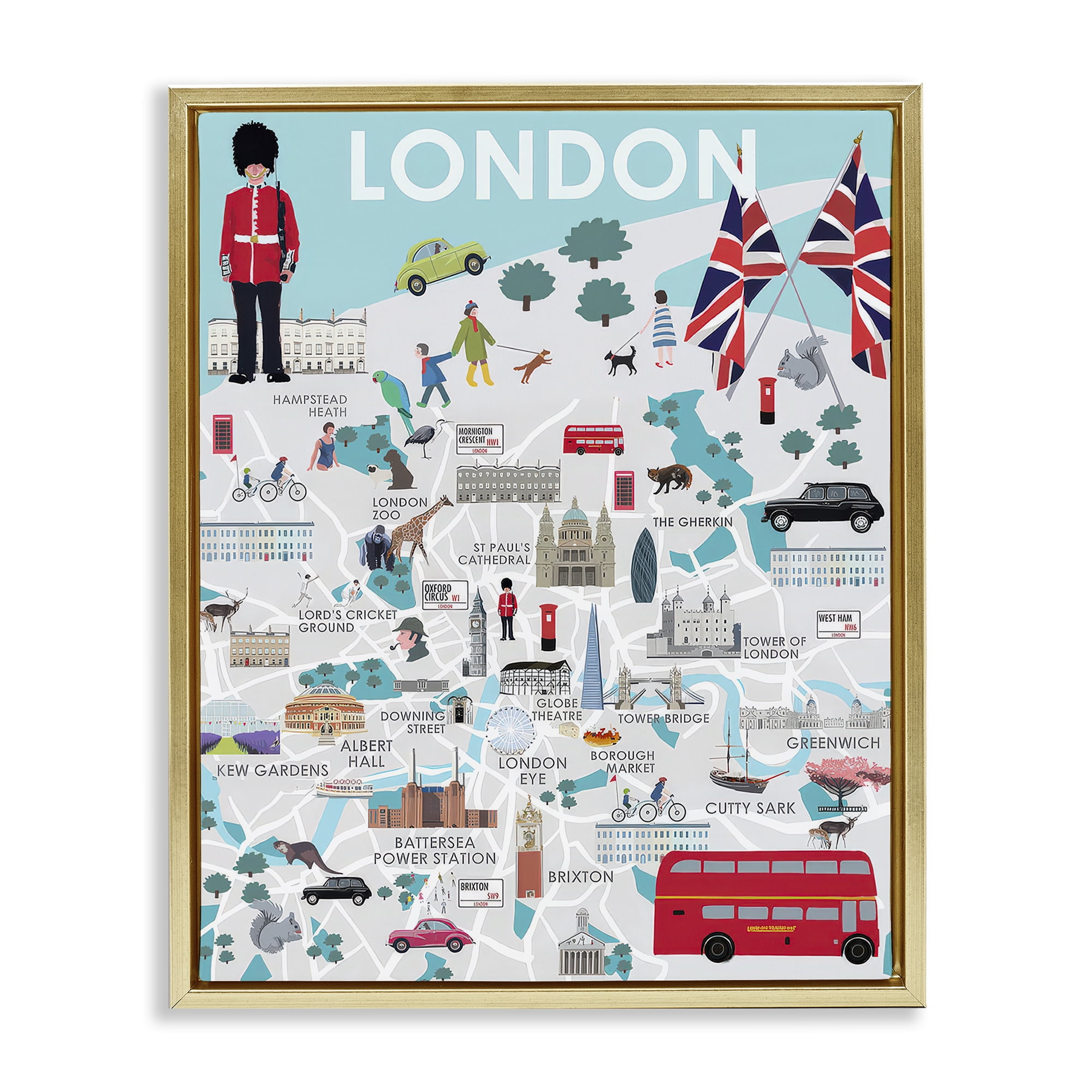 Stupell Industries London Landmark Map Cities & Countries Painting Gold Floater Framed Canvas Art Print Wall Art, 17 x 21