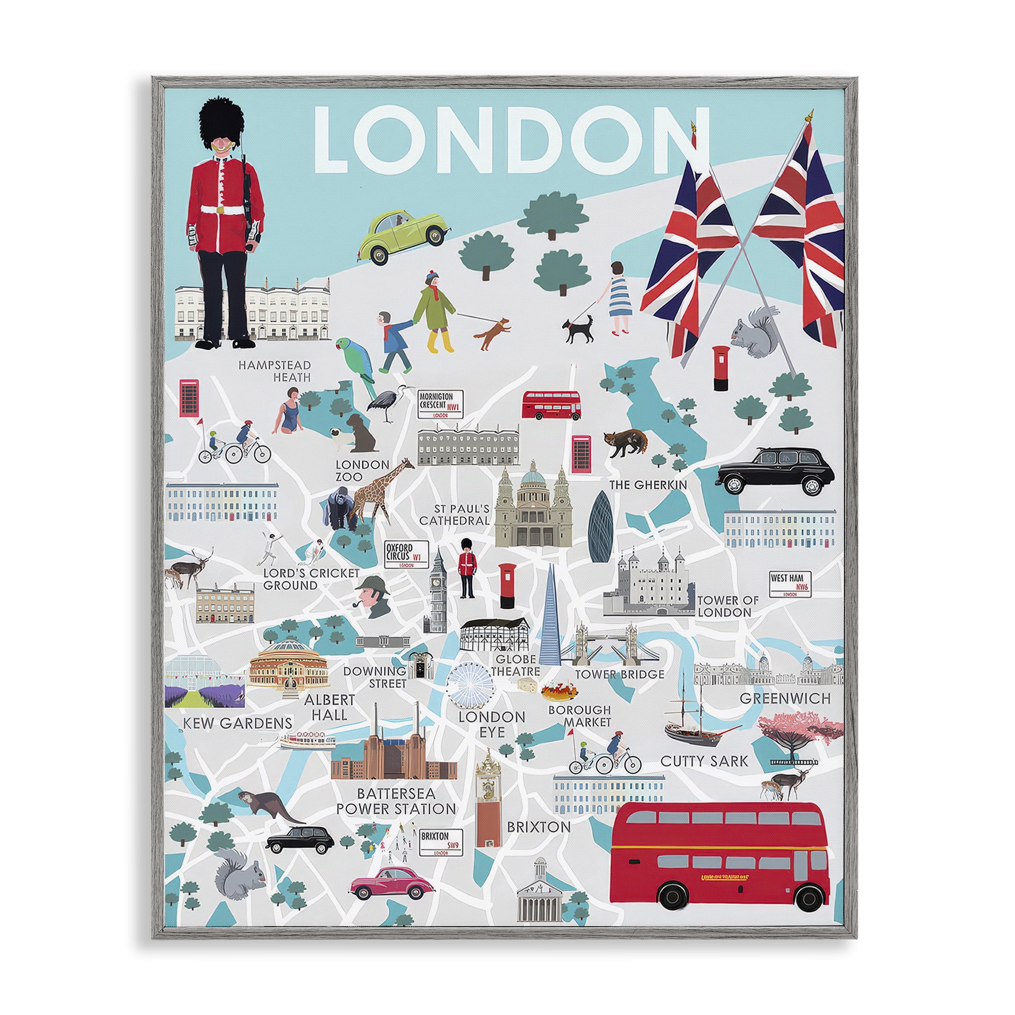 Stupell Industries London Landmark Map Cities & Countries Painting Gray Framed Art Print Wall Art, 16 x 20