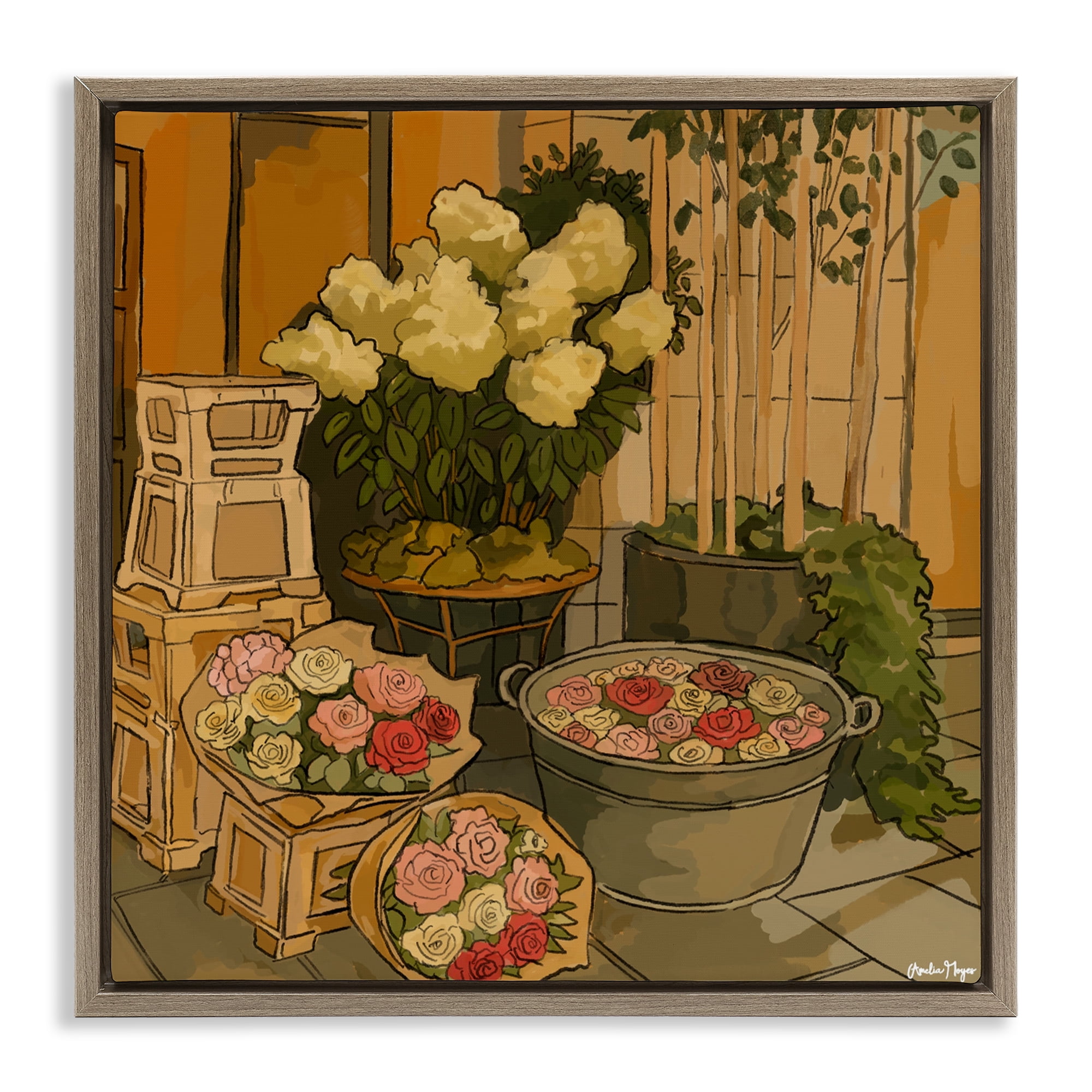 Stupell Industries London Town Flowers Brown Framed Floater Canvas Wall Art, design by Amelia Noyes