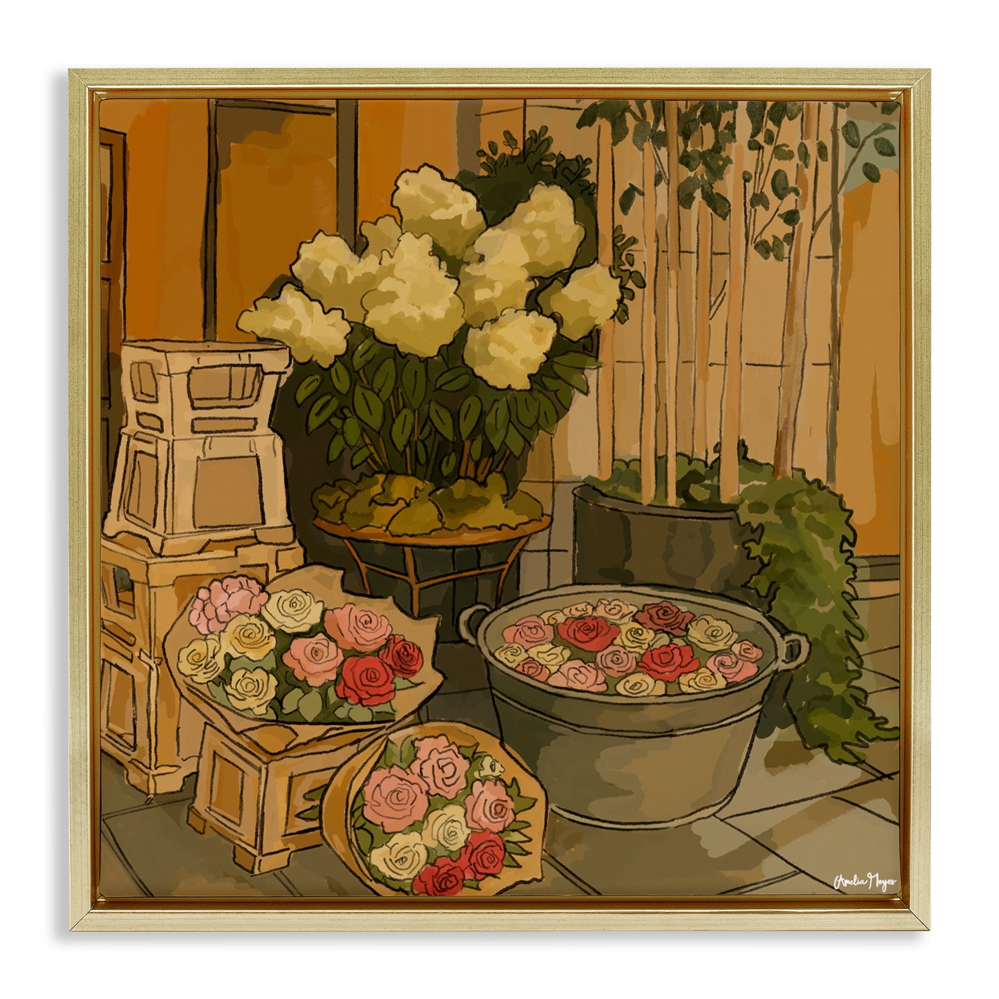 Stupell Industries London Town Flowers Gold Framed Floater Canvas Wall Art, design by Amelia Noyes