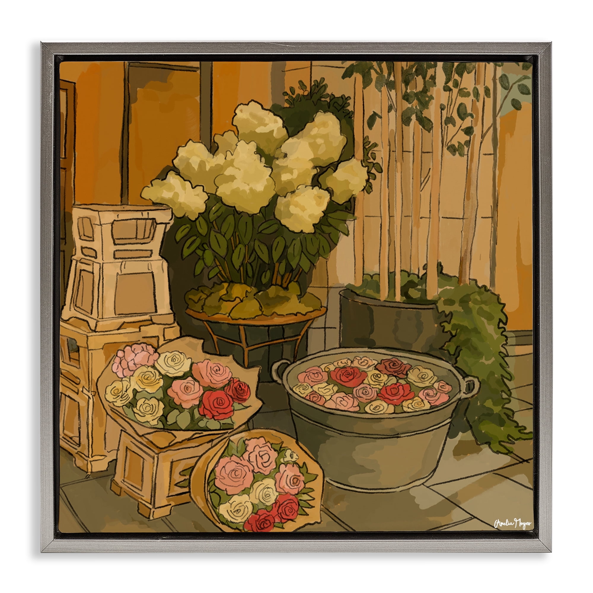 Stupell Industries London Town Flowers Gray Framed Floater Canvas Wall Art, design by Amelia Noyes