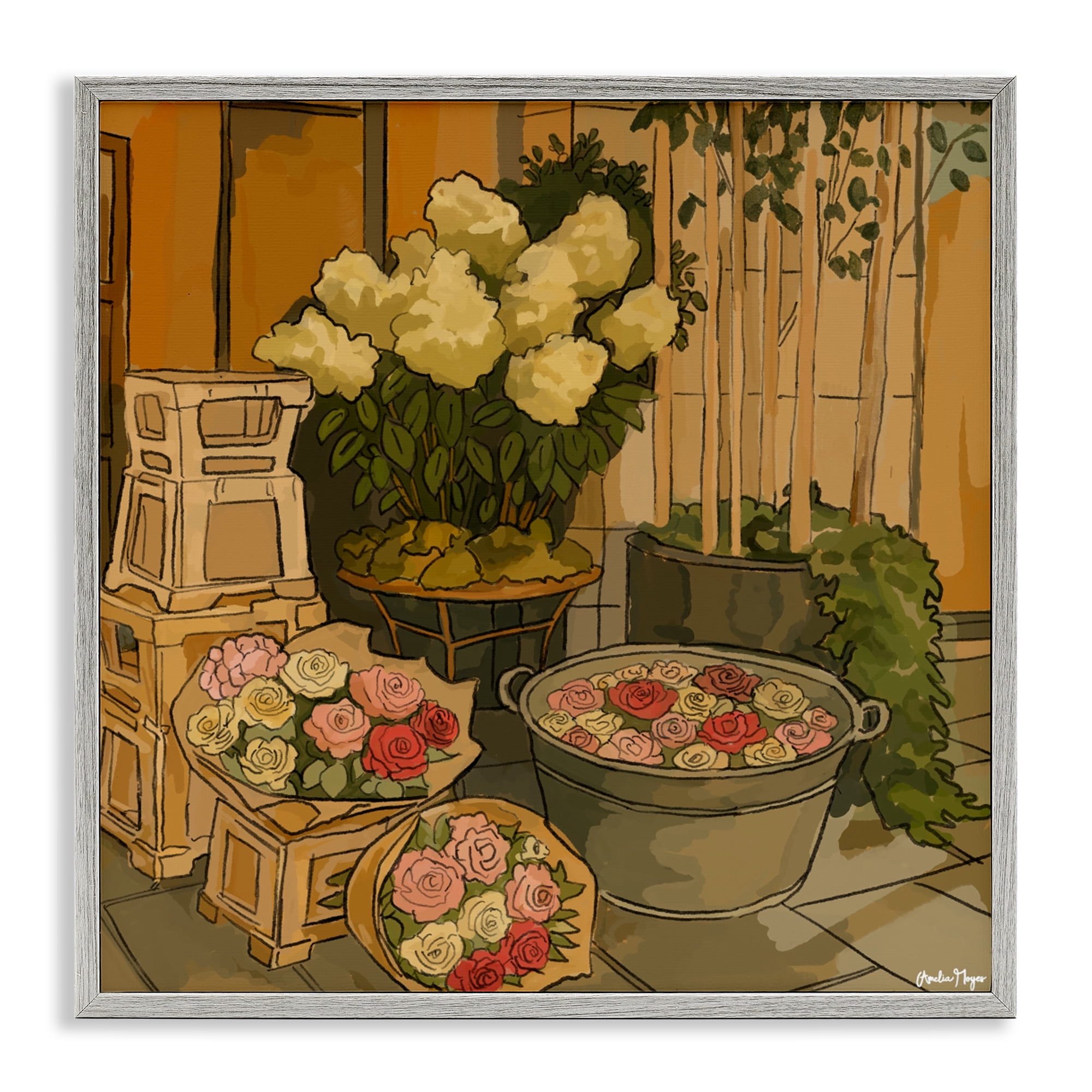 Stupell Industries London Town Flowers Gray Framed Giclee Art, design by Amelia Noyes