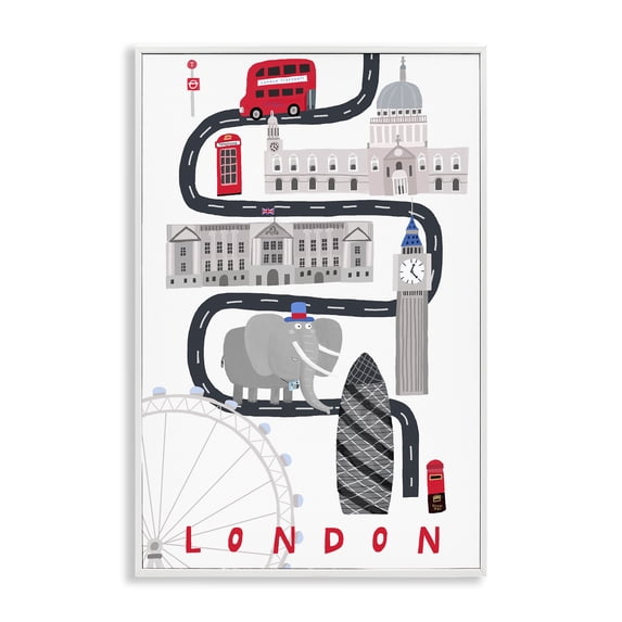 Stupell Industries London Whimsical Travel City Cityscapes Painting White Framed Art Print Wall Art, 16 x 24