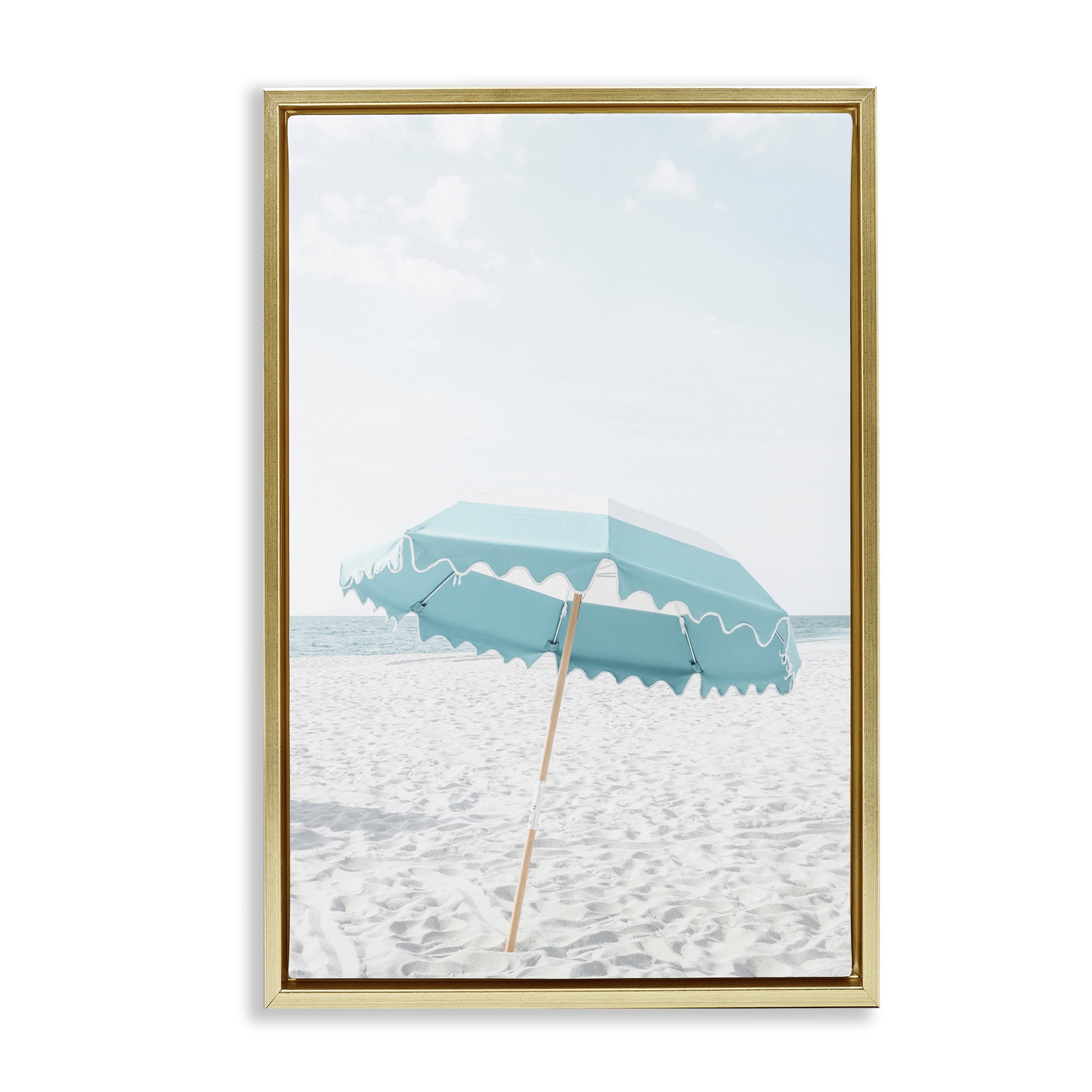 Stupell Industries Lone Blue Beach Umbrella Nautical & Beach Photography Gold Floater Framed Canvas Art Print Wall Art, 21 x 31