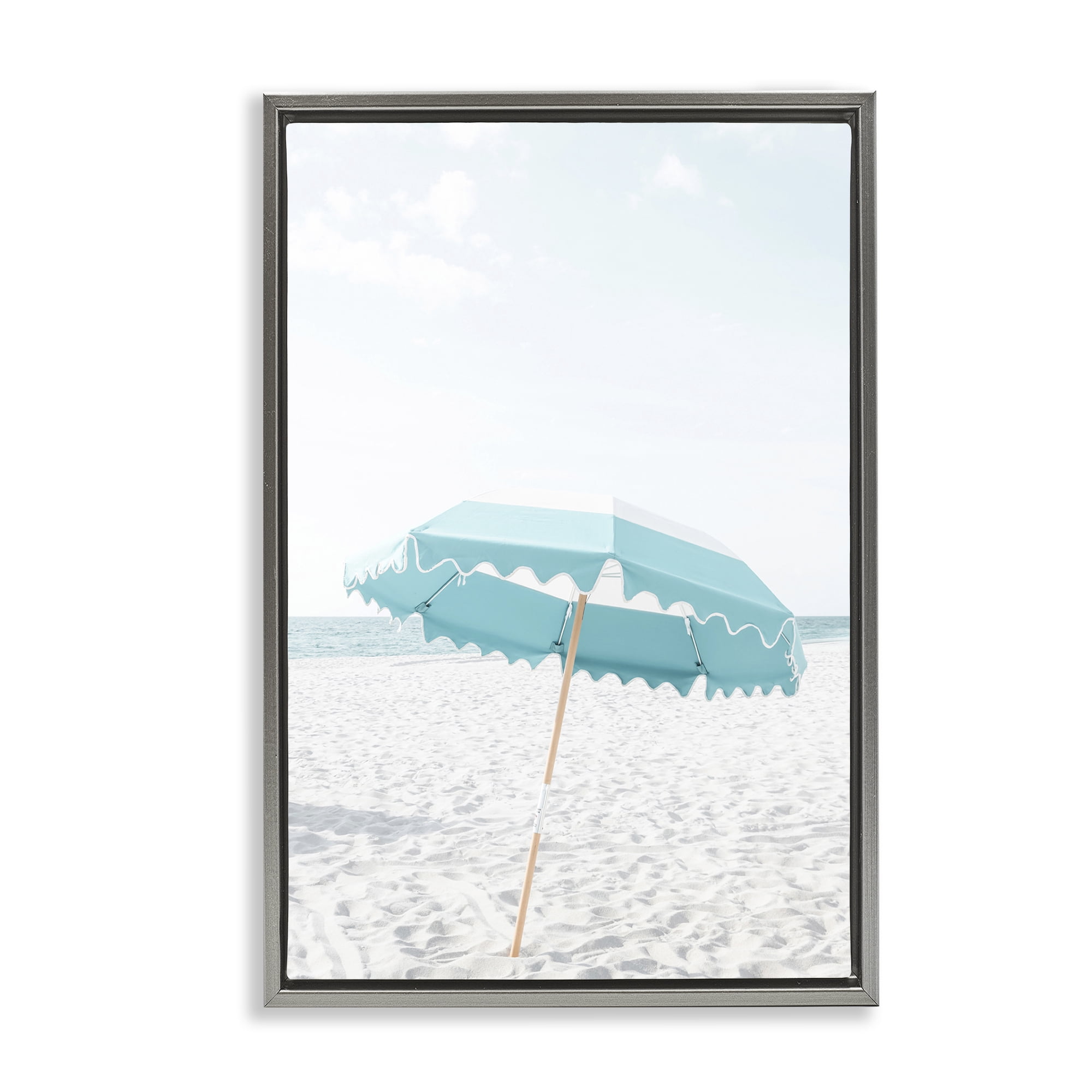 Stupell Industries Lone Blue Beach Umbrella Nautical & Beach Photography Gray Floater Framed Canvas Art Print Wall Art, 21 x 31